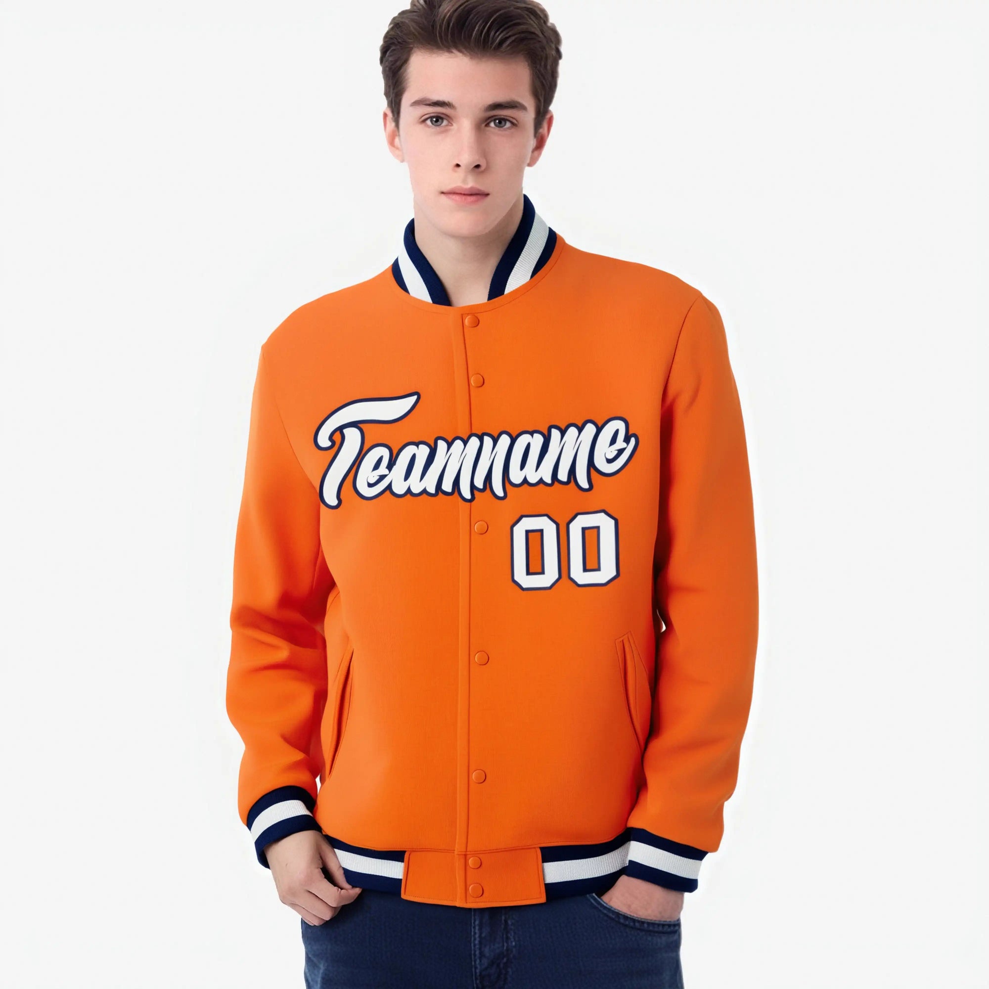 Custom Orange- White-Black Bomber Full-Snap Varsity Letterman Jacket