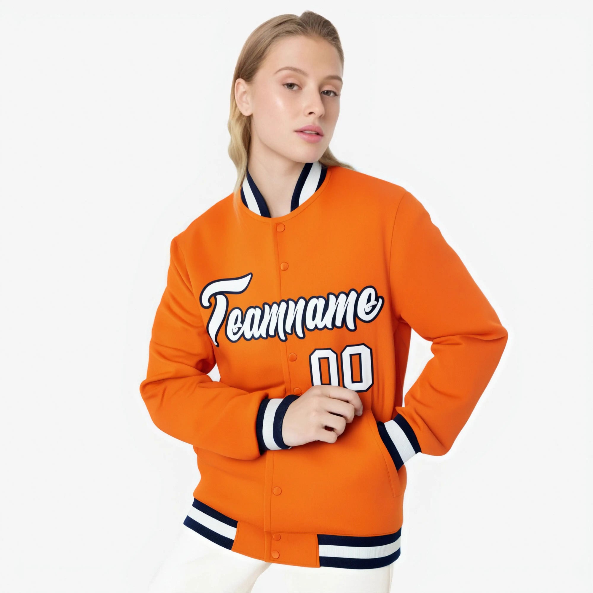 Custom Orange- White-Black Bomber Full-Snap Varsity Letterman Jacket