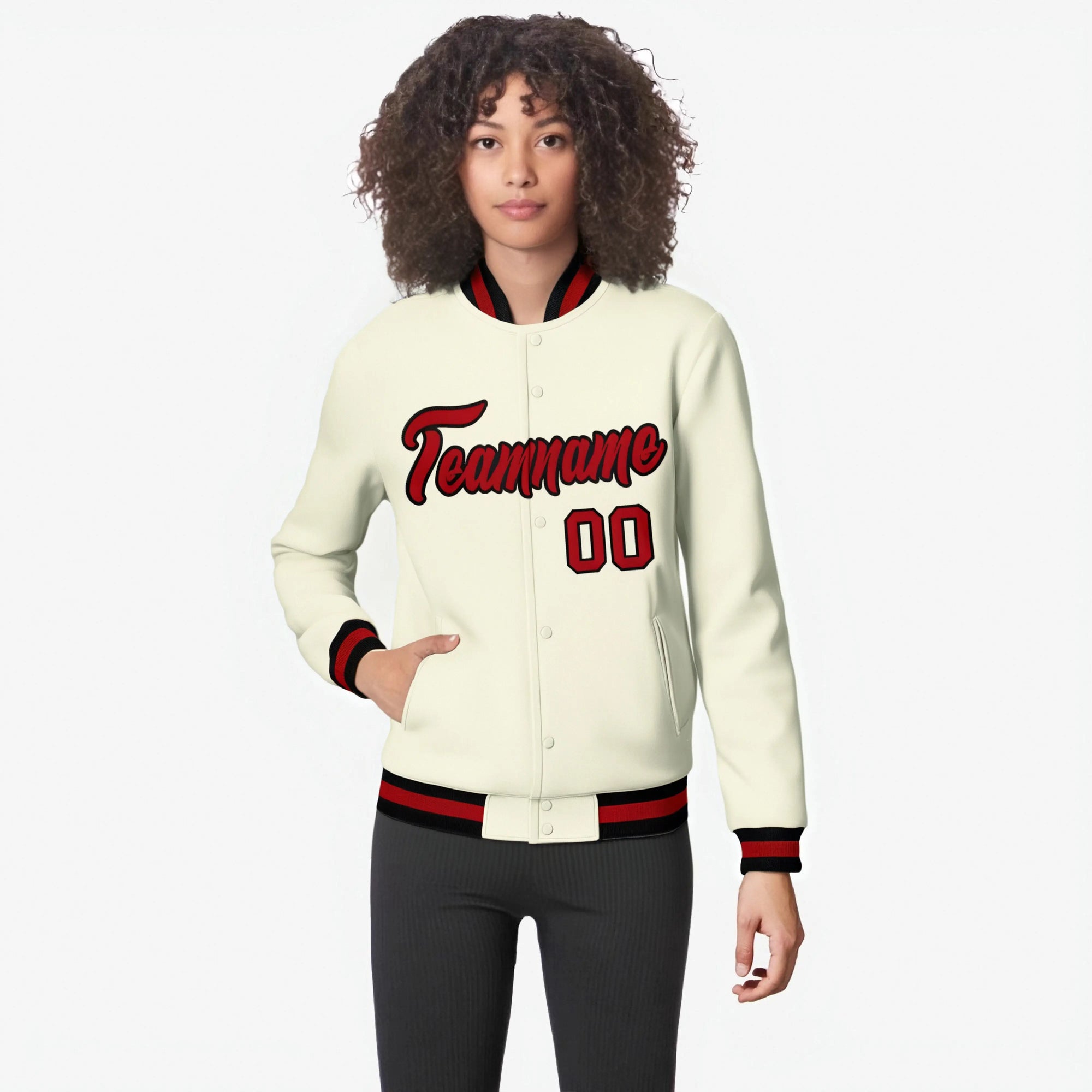 Custom Cream-Red-Black Bomber Full-Snap Varsity Letterman Jacket