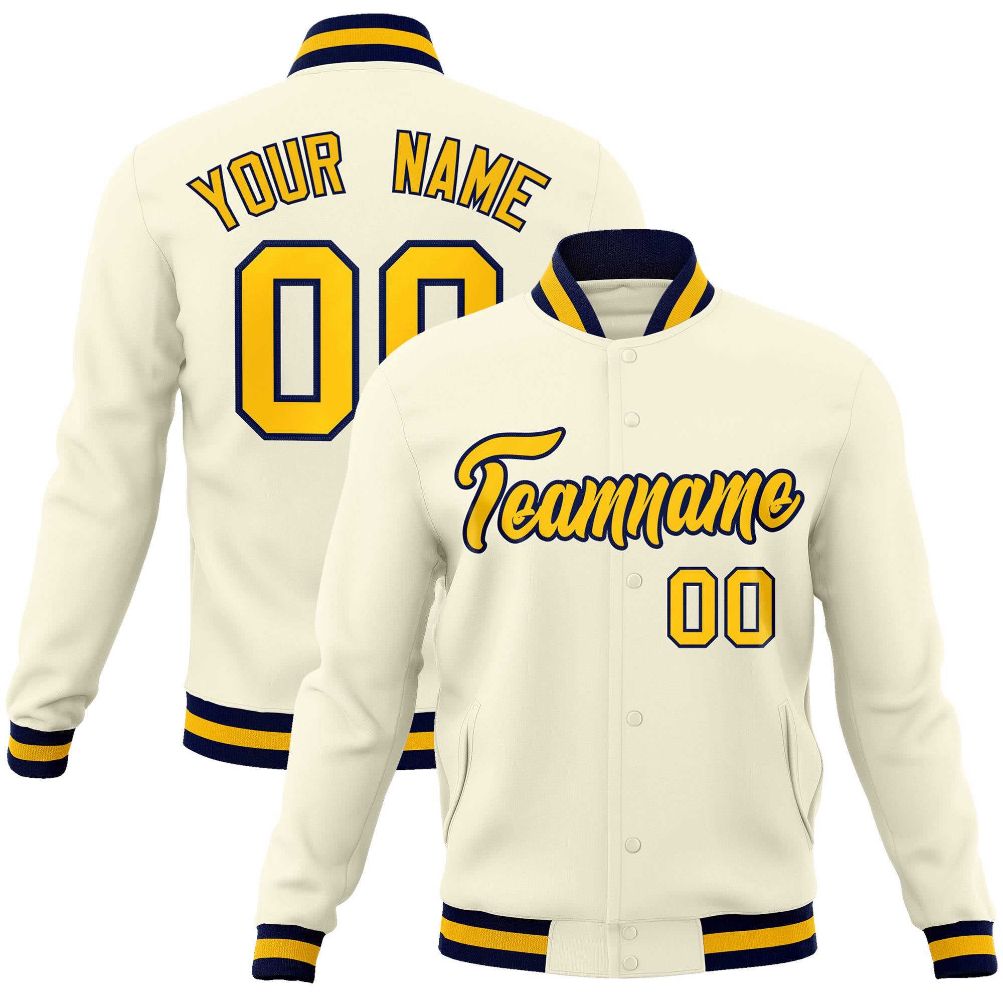 Custom Cream- Yellow-Black Bomber Full-Snap Varsity Letterman Jacket