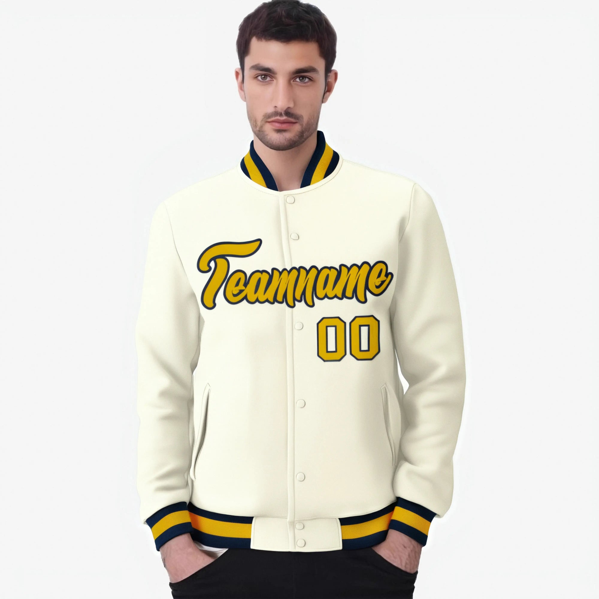 Custom Cream- Yellow-Black Bomber Full-Snap Varsity Letterman Jacket