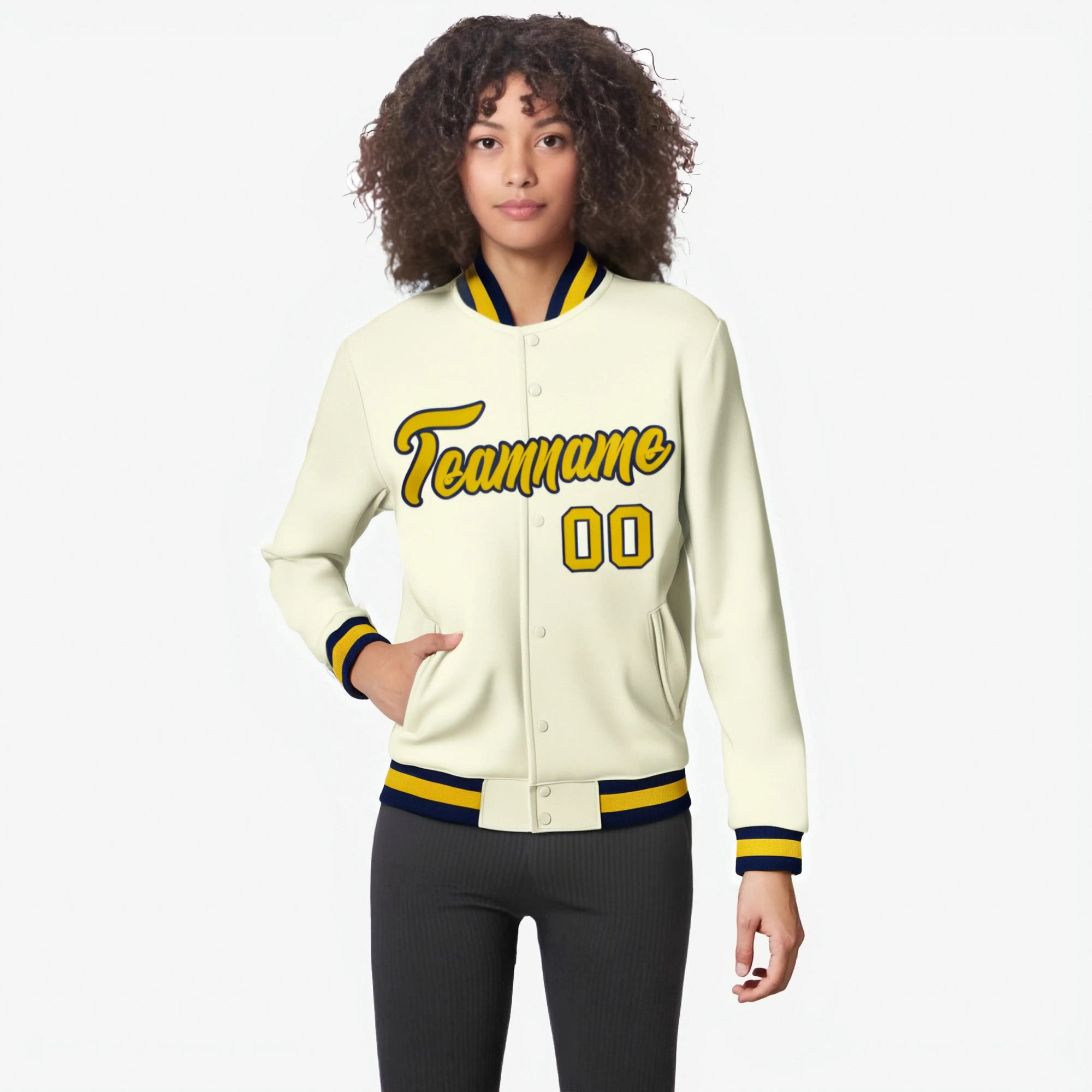 Custom Cream- Yellow-Black Bomber Full-Snap Varsity Letterman Jacket