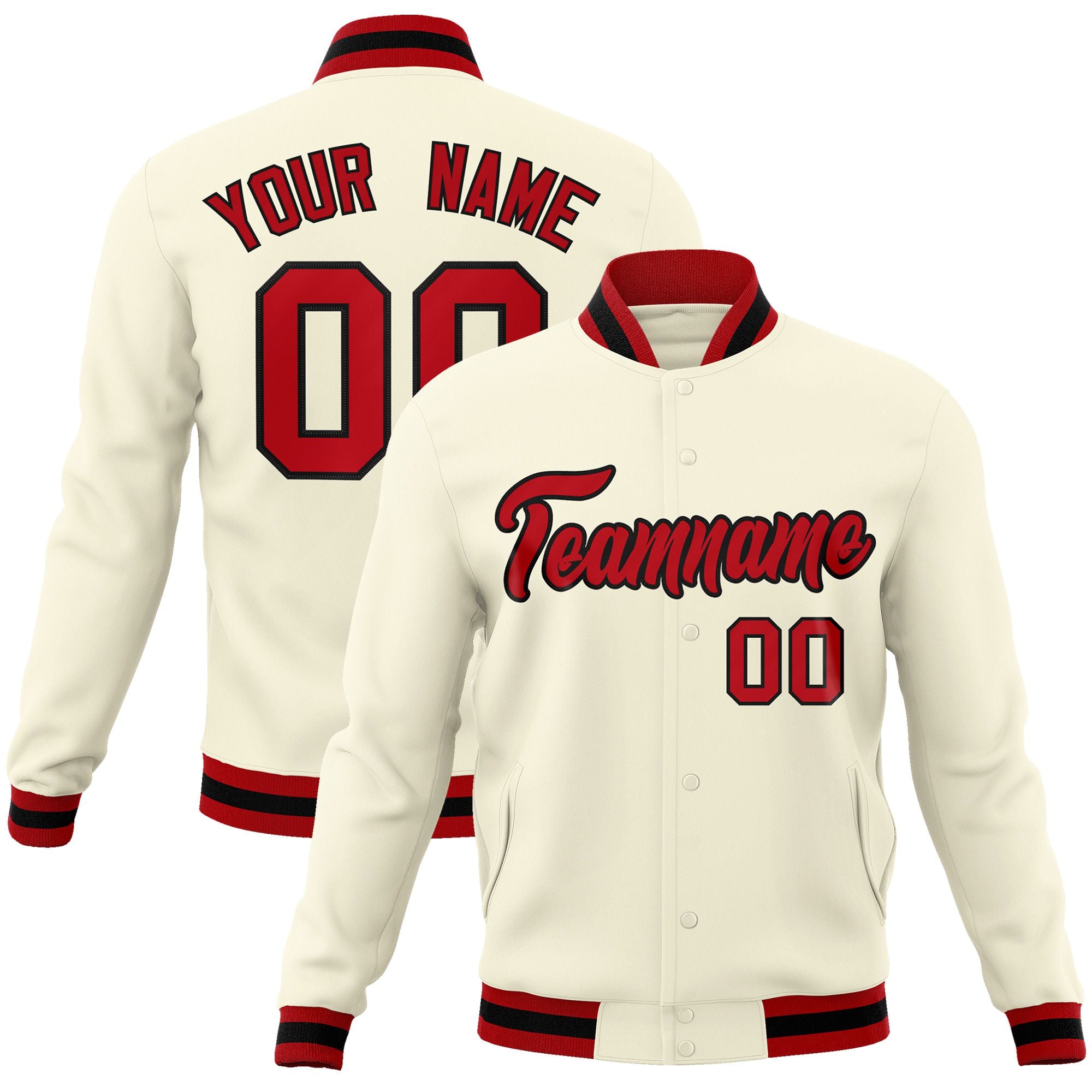 Custom Cream- Red-Black Bomber Full-Snap Varsity Letterman Jacket