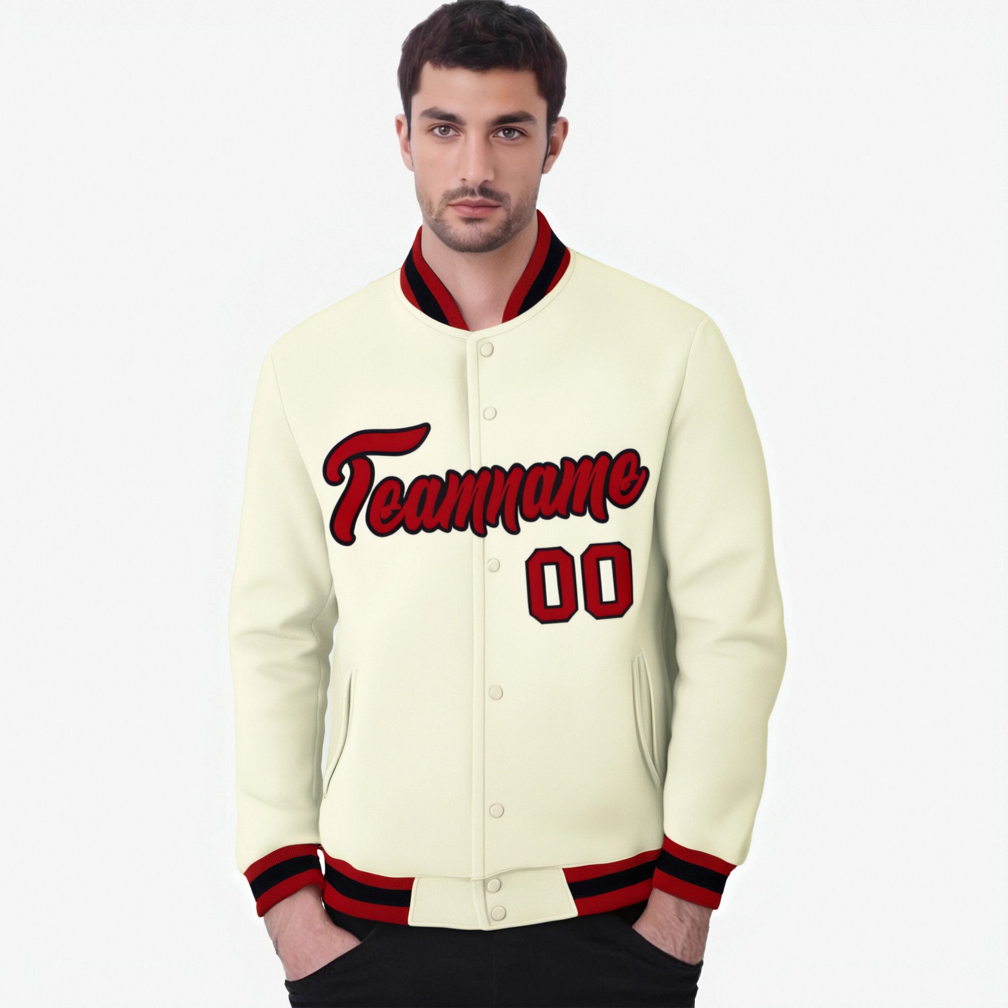 Custom Cream- Red-Black Bomber Full-Snap Varsity Letterman Jacket