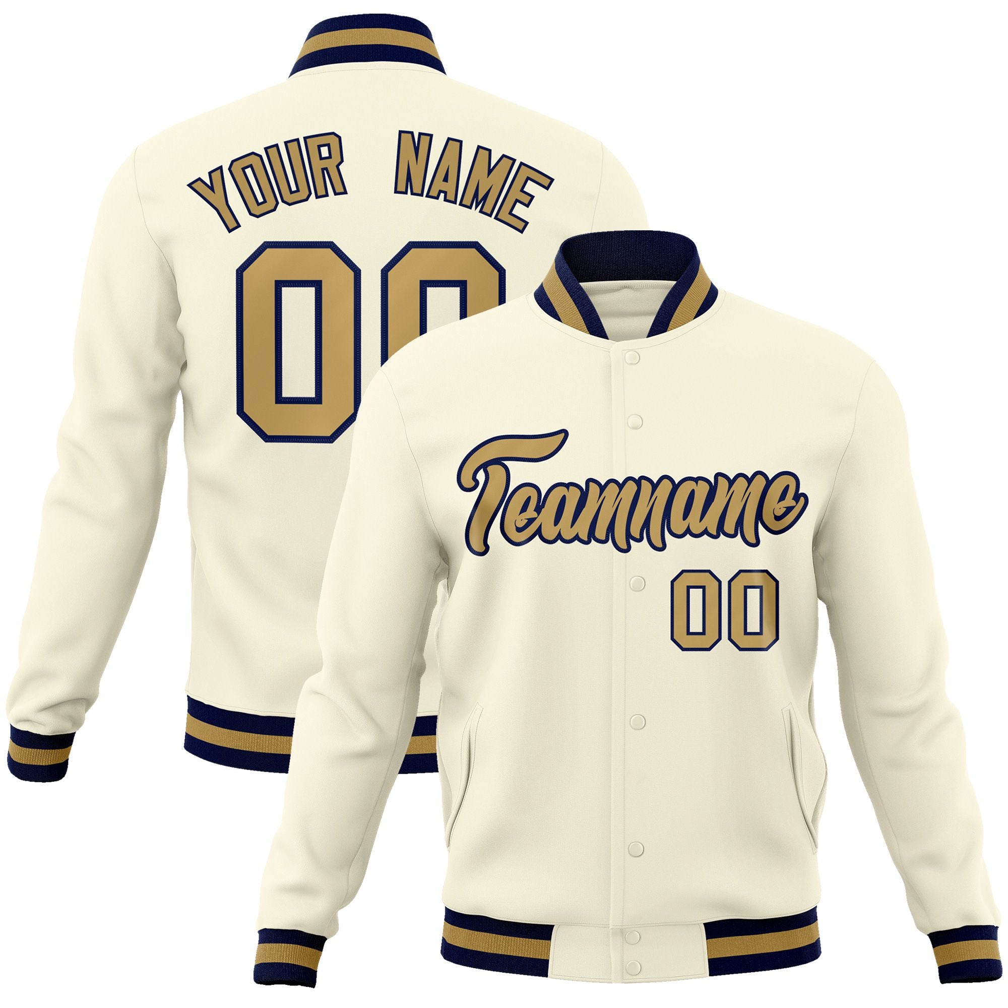 Custom Cream- Old Gold- Black Bomber Full-Snap Varsity Letterman Jacket