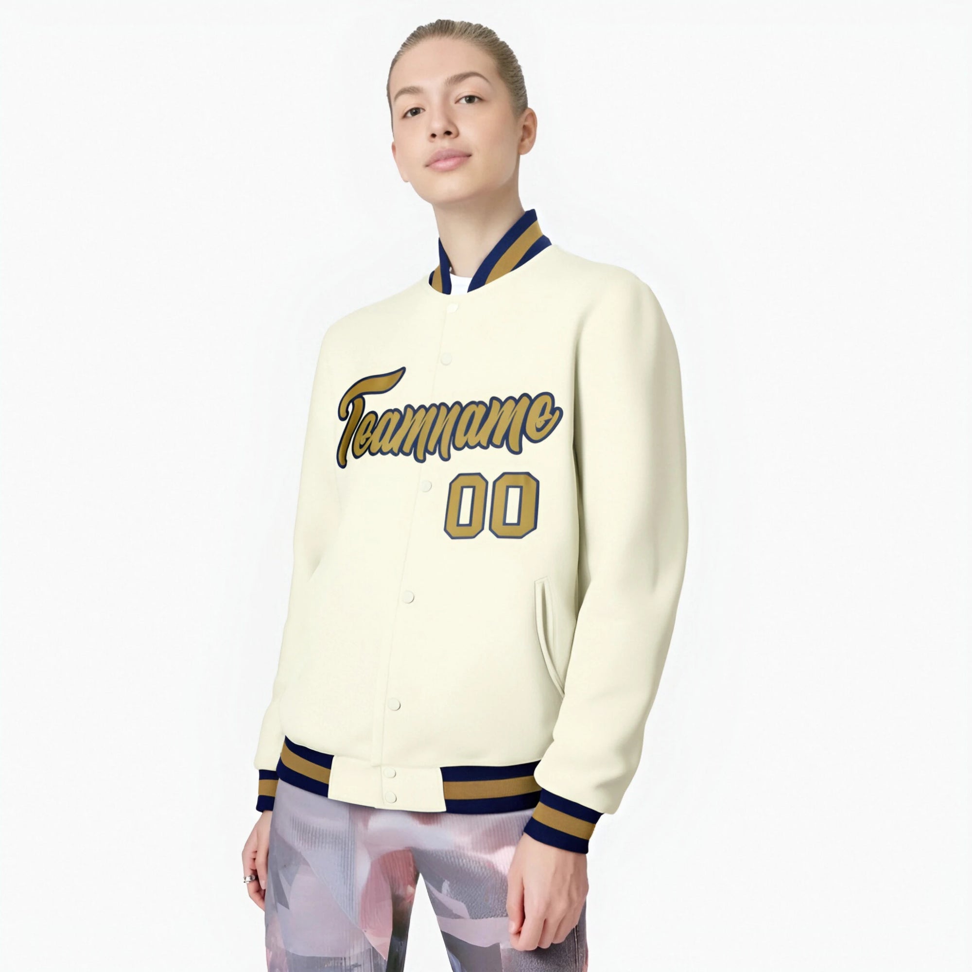 Custom Cream- Old Gold- Black Bomber Full-Snap Varsity Letterman Jacket