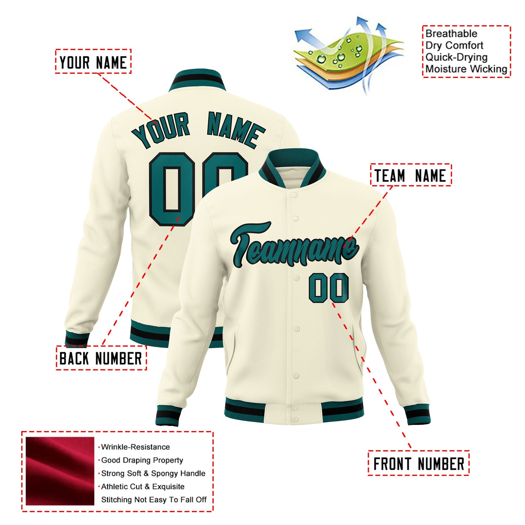 Custom Cream- Aqua-Black Bomber Full-Snap Varsity Letterman Jacket