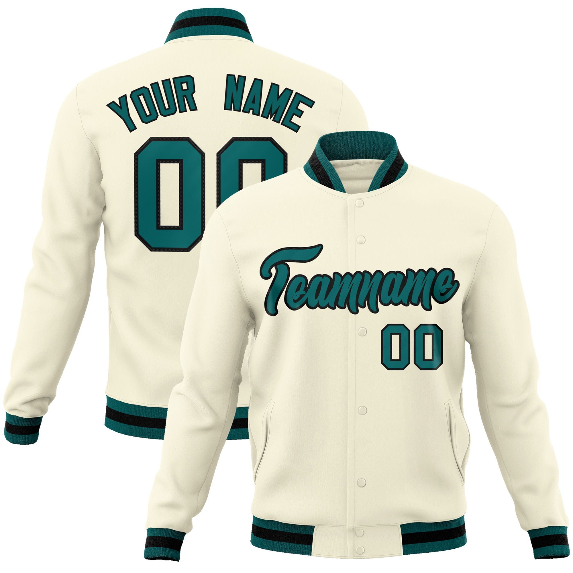 Custom Cream- Aqua-Black Bomber Full-Snap Varsity Letterman Jacket