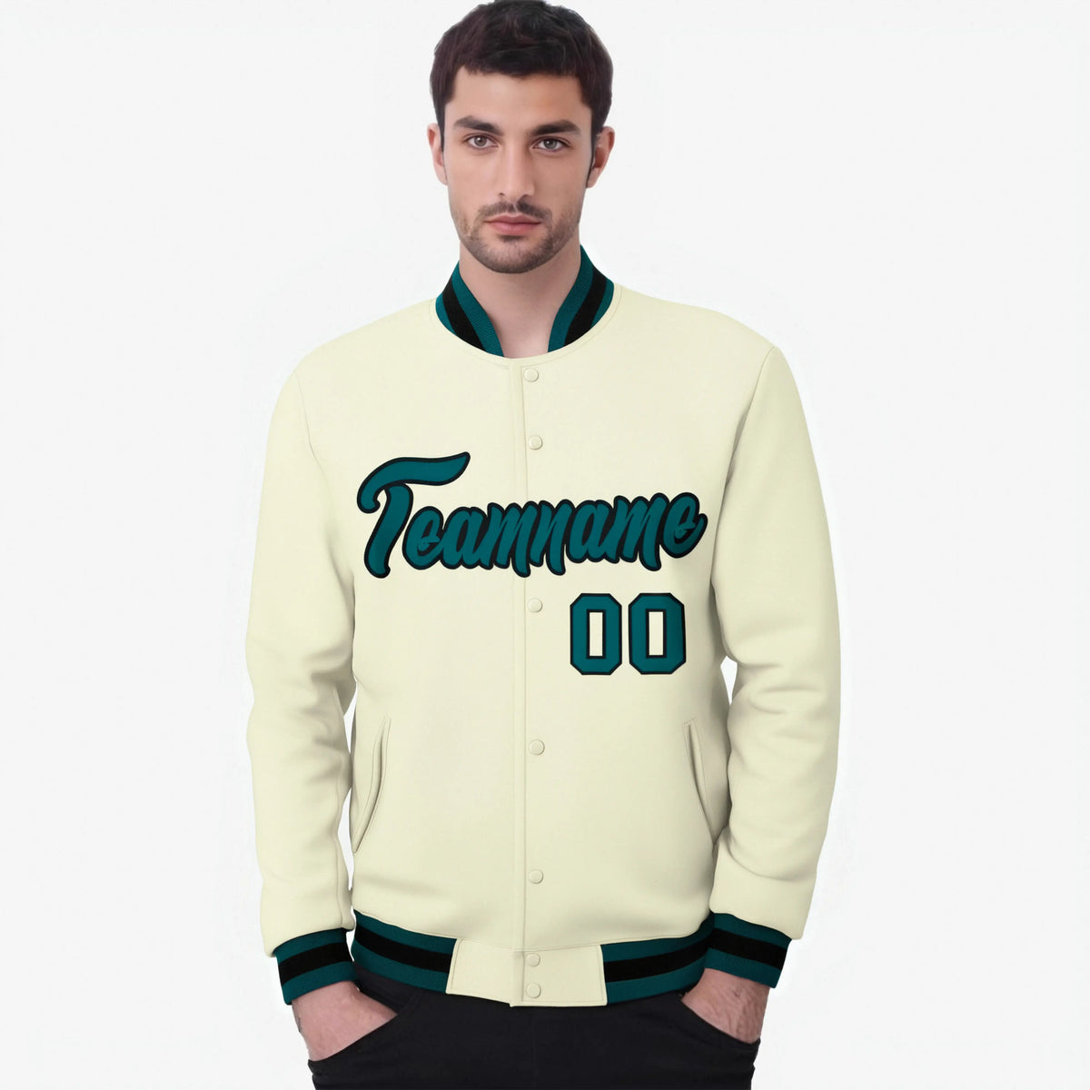 Custom Cream- Aqua-Black Bomber Full-Snap Varsity Letterman Jacket