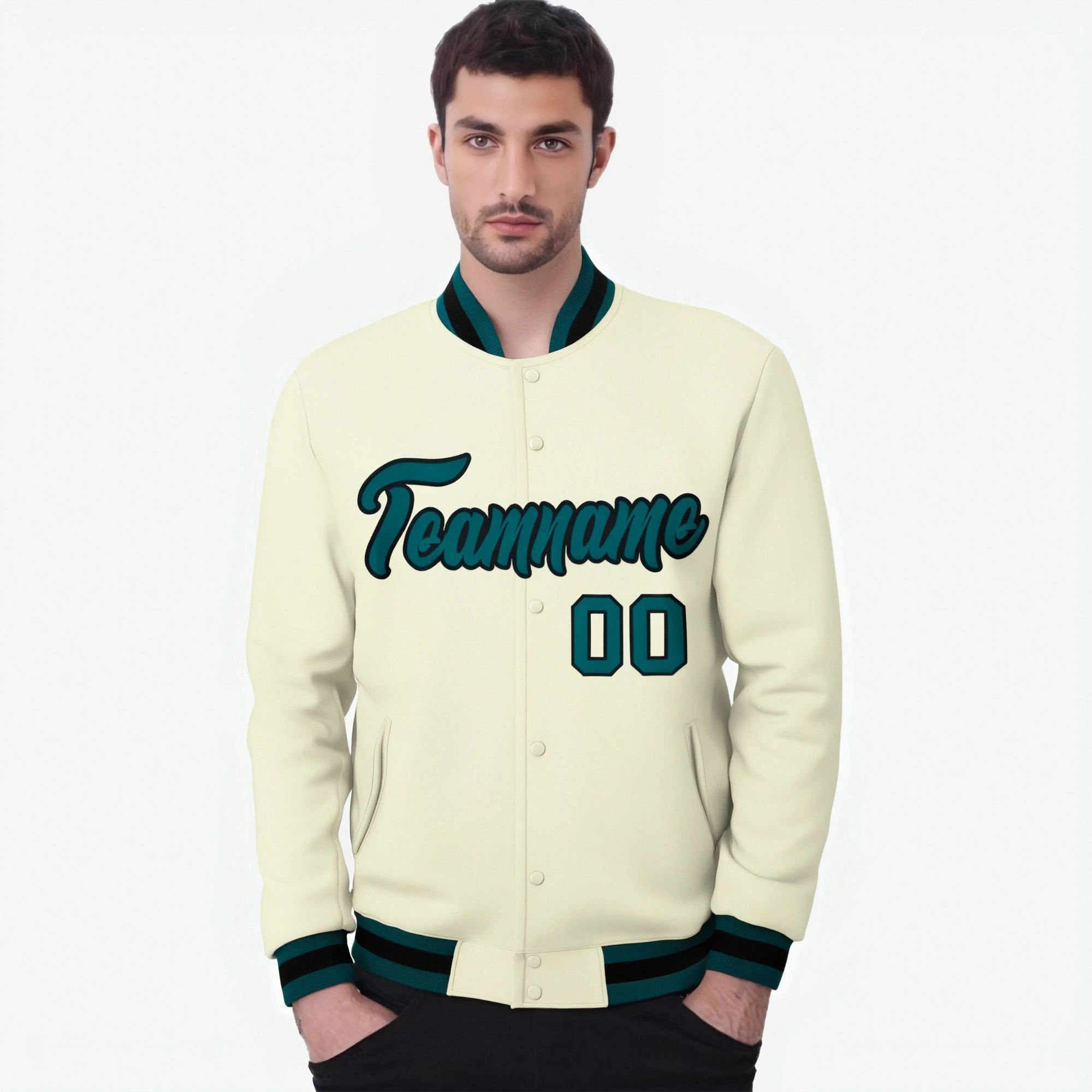 Custom Cream- Aqua-Black Bomber Full-Snap Varsity Letterman Jacket