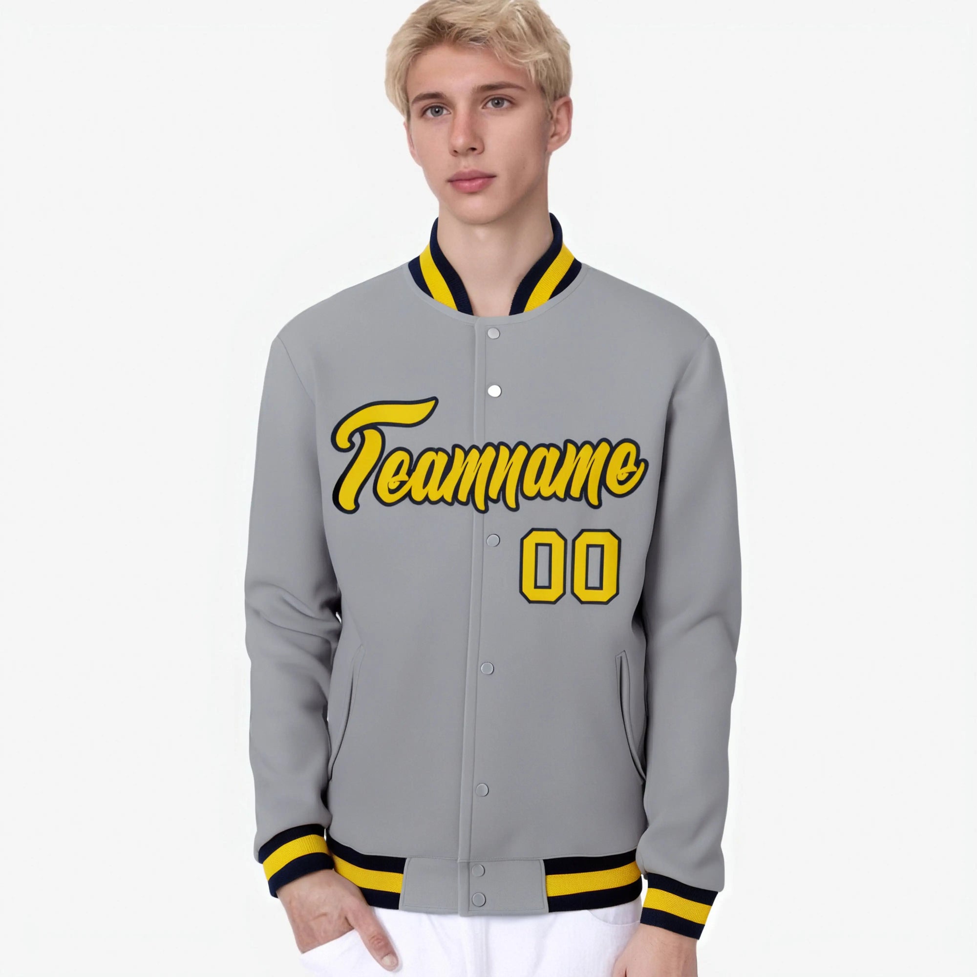 Custom Gray- Yellow-Navy Bomber Full-Snap Varsity Letterman Jacket