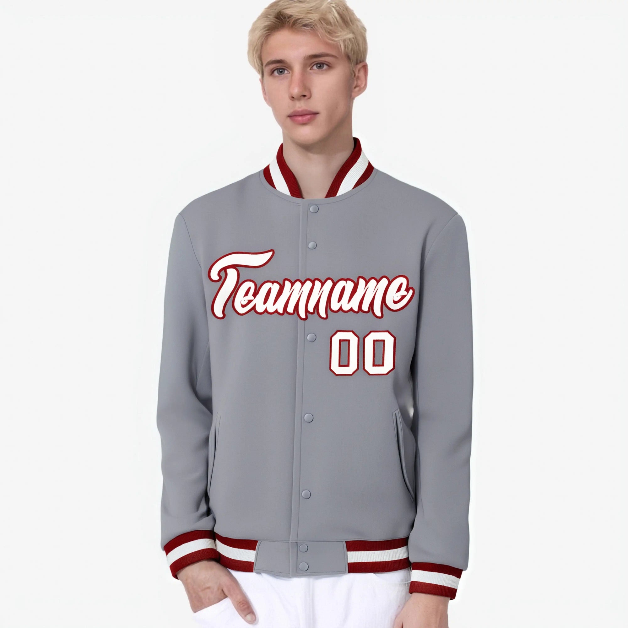 Custom Gray-White-Red Bomber Full-Snap Varsity Letterman Jacket