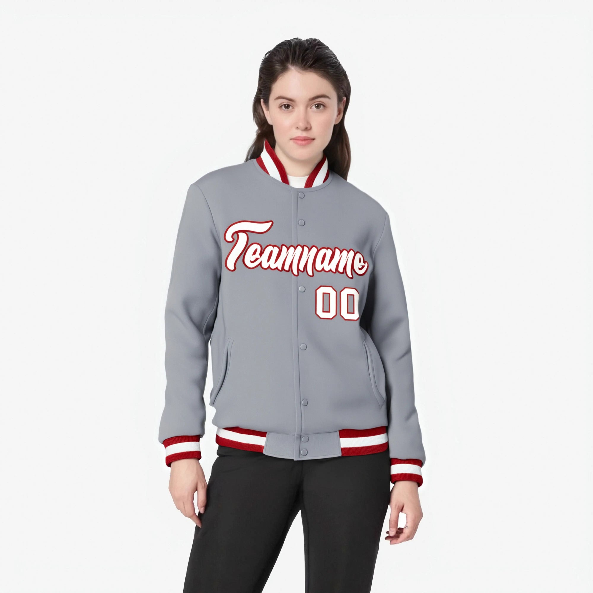 Custom Gray-White-Red Bomber Full-Snap Varsity Letterman Jacket