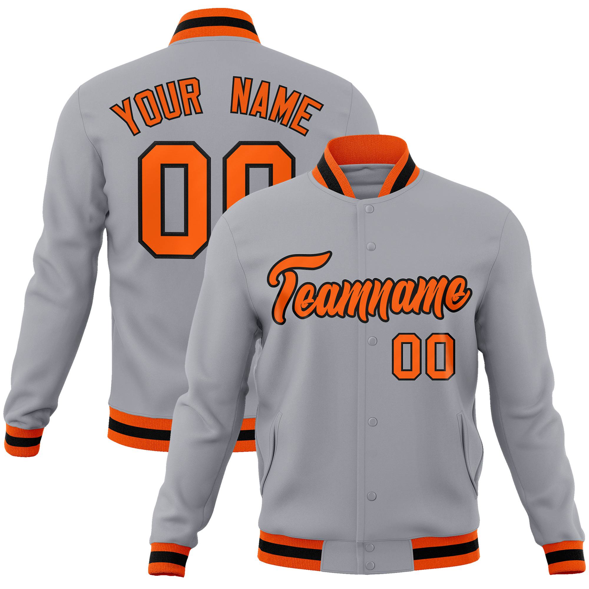 Custom Gray- Orange-Black Bomber Full-Snap Varsity Letterman Jacket