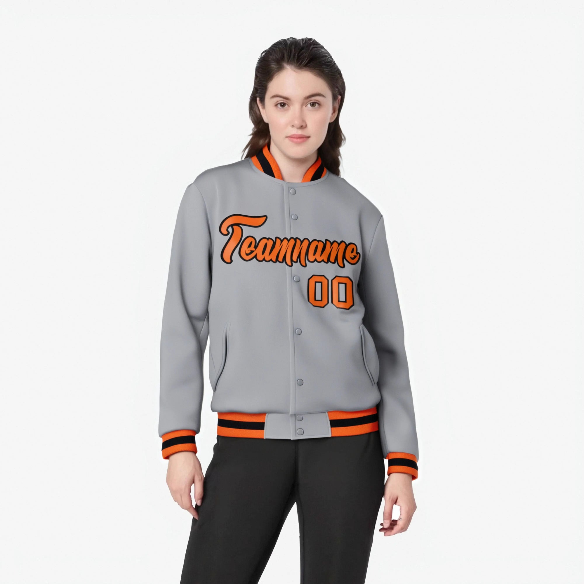 Custom Gray- Orange-Black Bomber Full-Snap Varsity Letterman Jacket