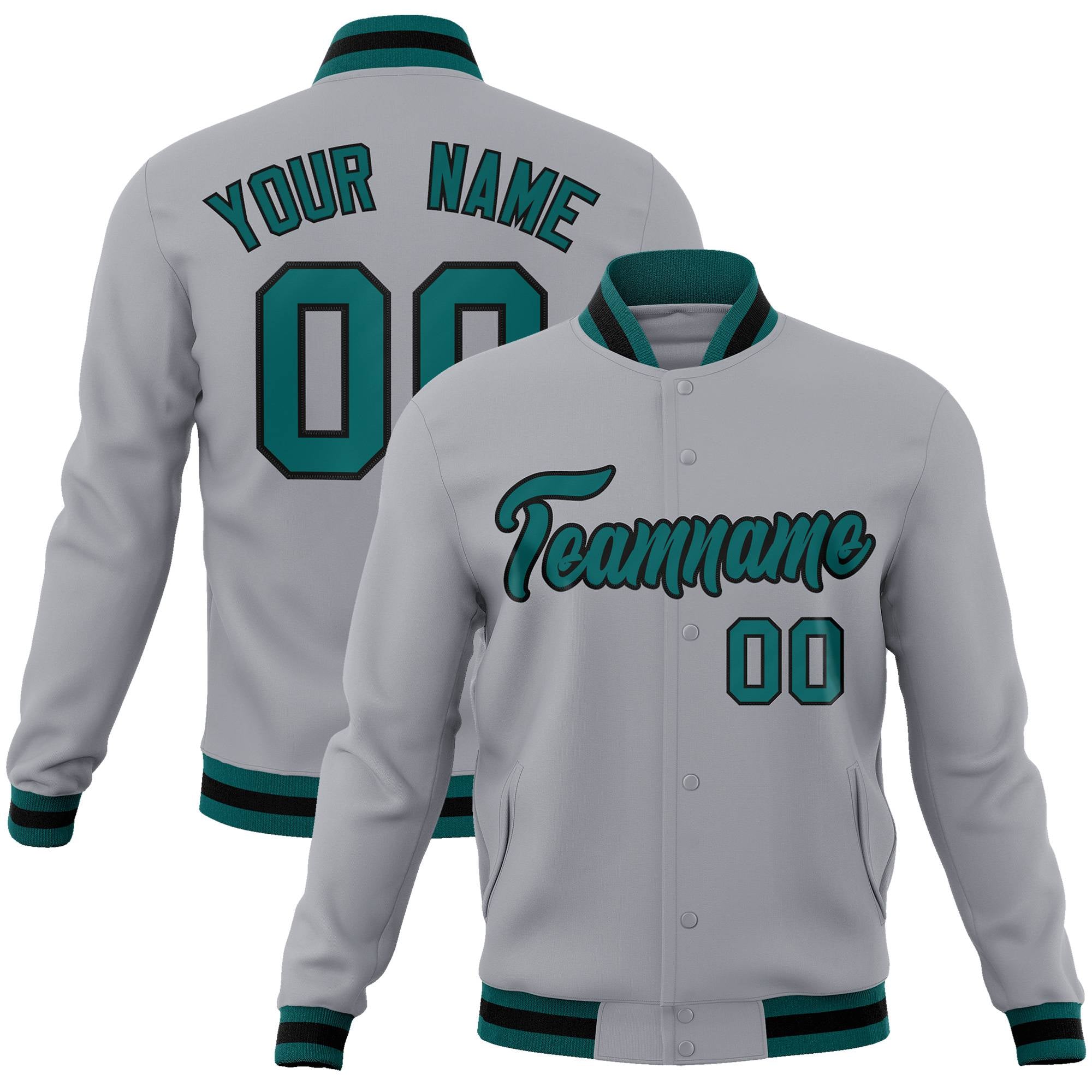 Custom Gray- Aqua-Black Bomber Full-Snap Varsity Letterman Jacket