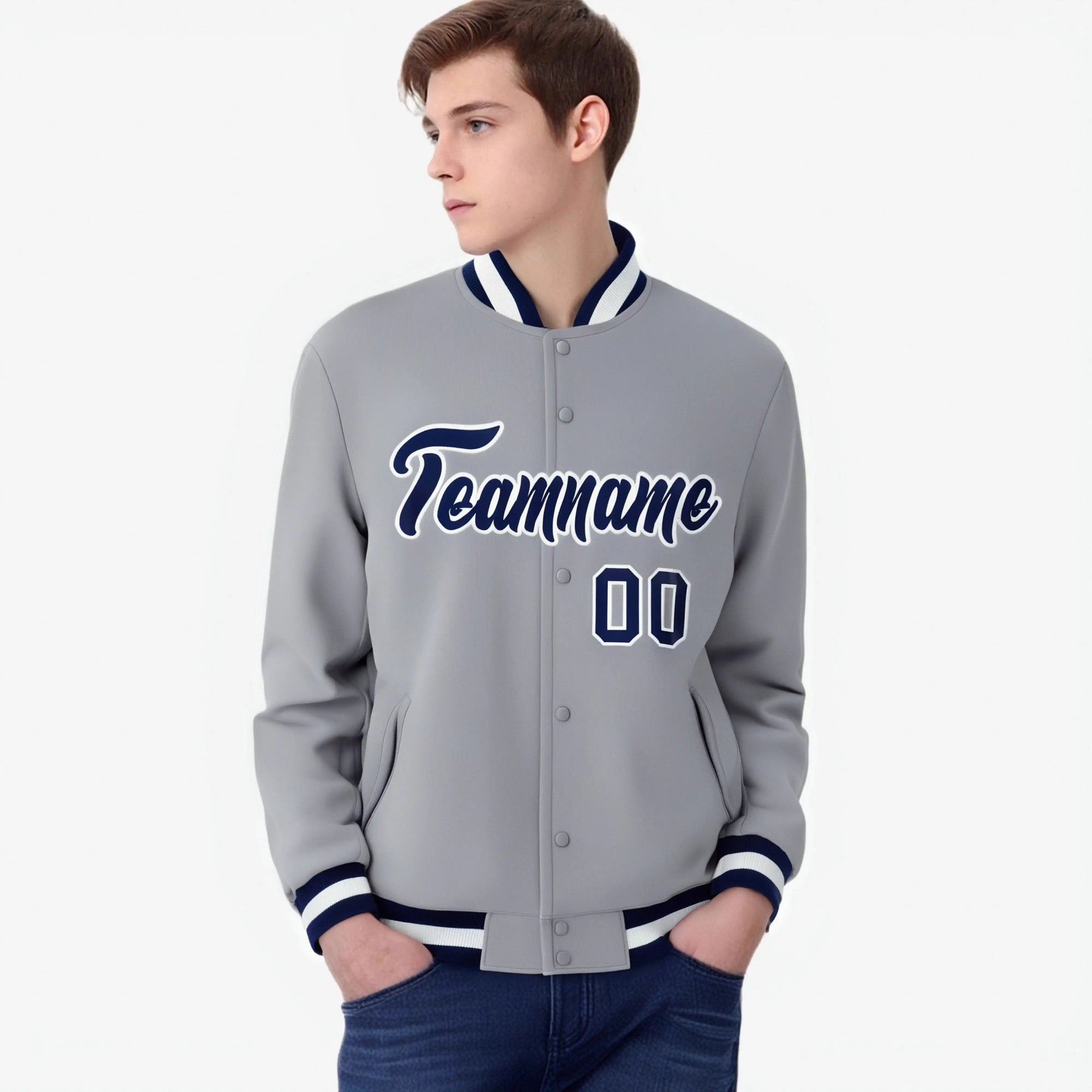 Custom Gray- Navy-White Bomber Full-Snap Varsity Letterman Jacket