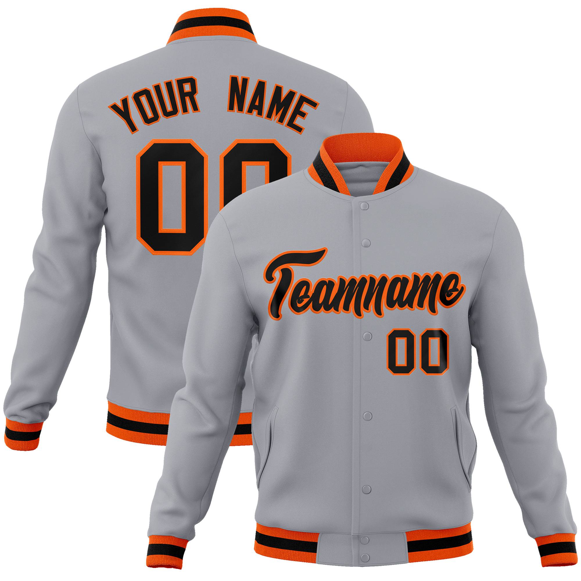 Custom Gray- Black-Orange Bomber Full-Snap Varsity Letterman Jacket