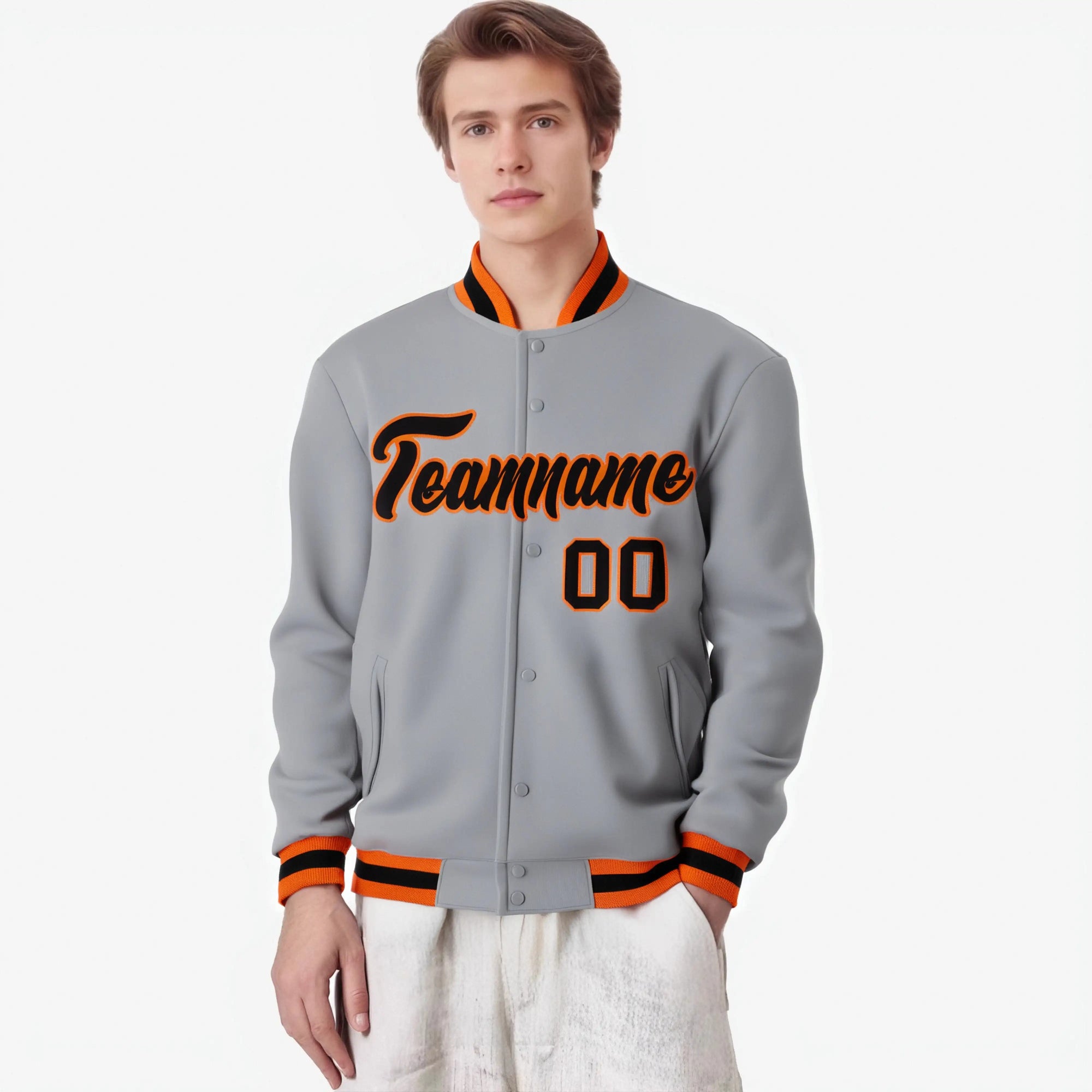 Custom Gray- Black-Orange Bomber Full-Snap Varsity Letterman Jacket