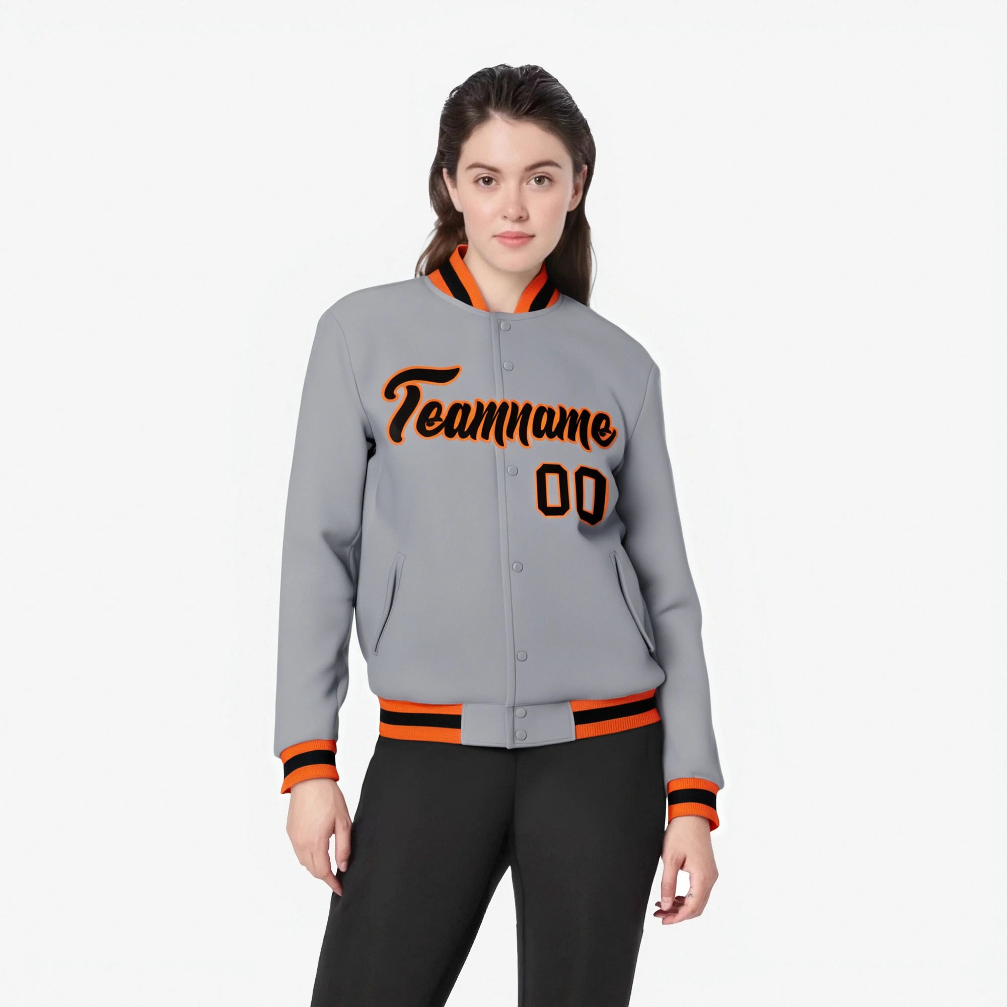 Custom Gray- Black-Orange Bomber Full-Snap Varsity Letterman Jacket