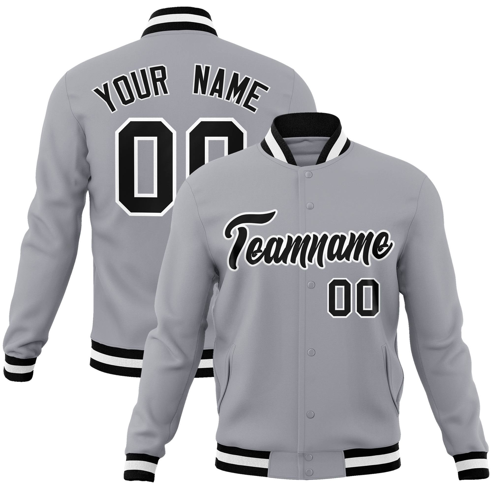 Custom Gray- Black-White Bomber Full-Snap Varsity Letterman Jacket