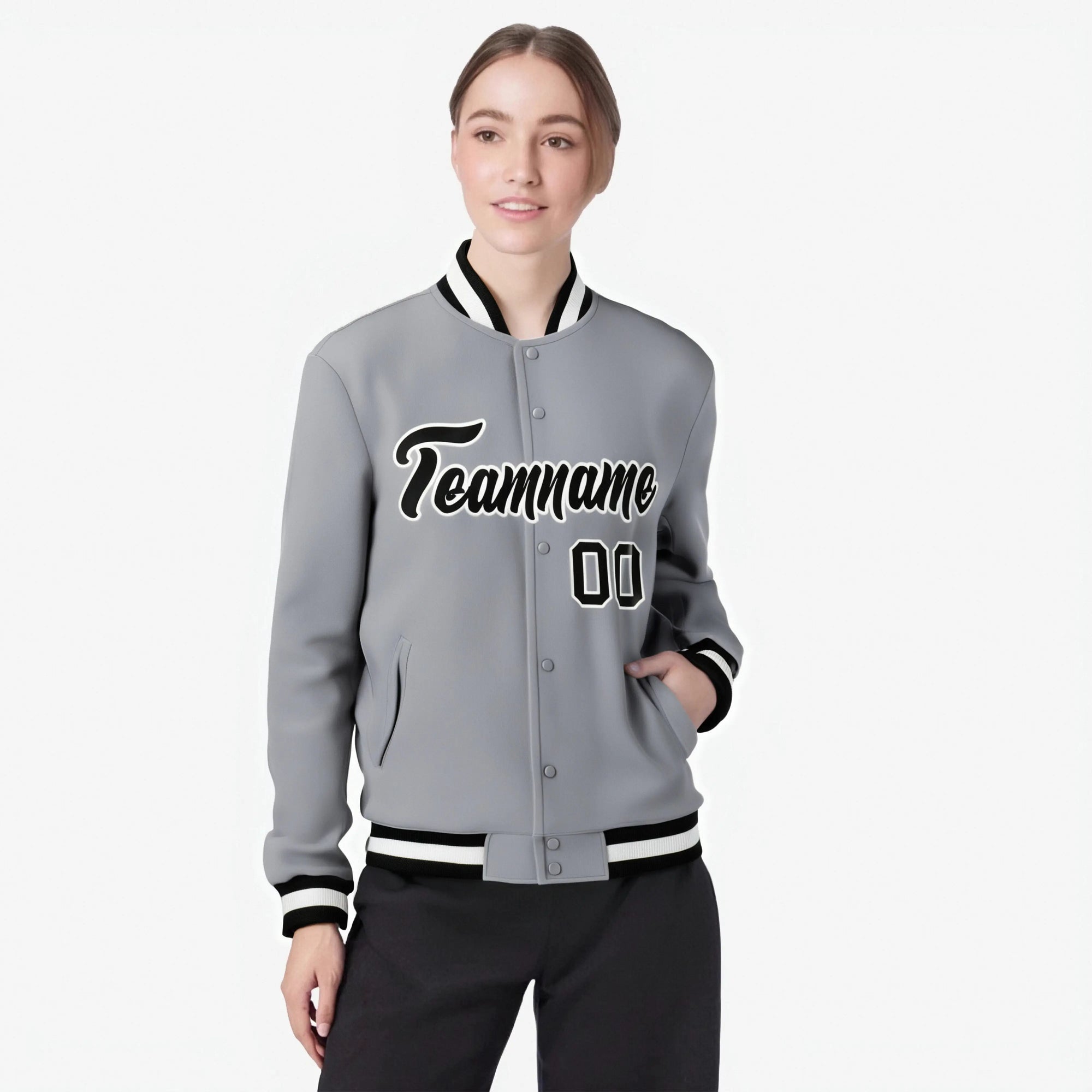 Custom Gray- Black-White Bomber Full-Snap Varsity Letterman Jacket