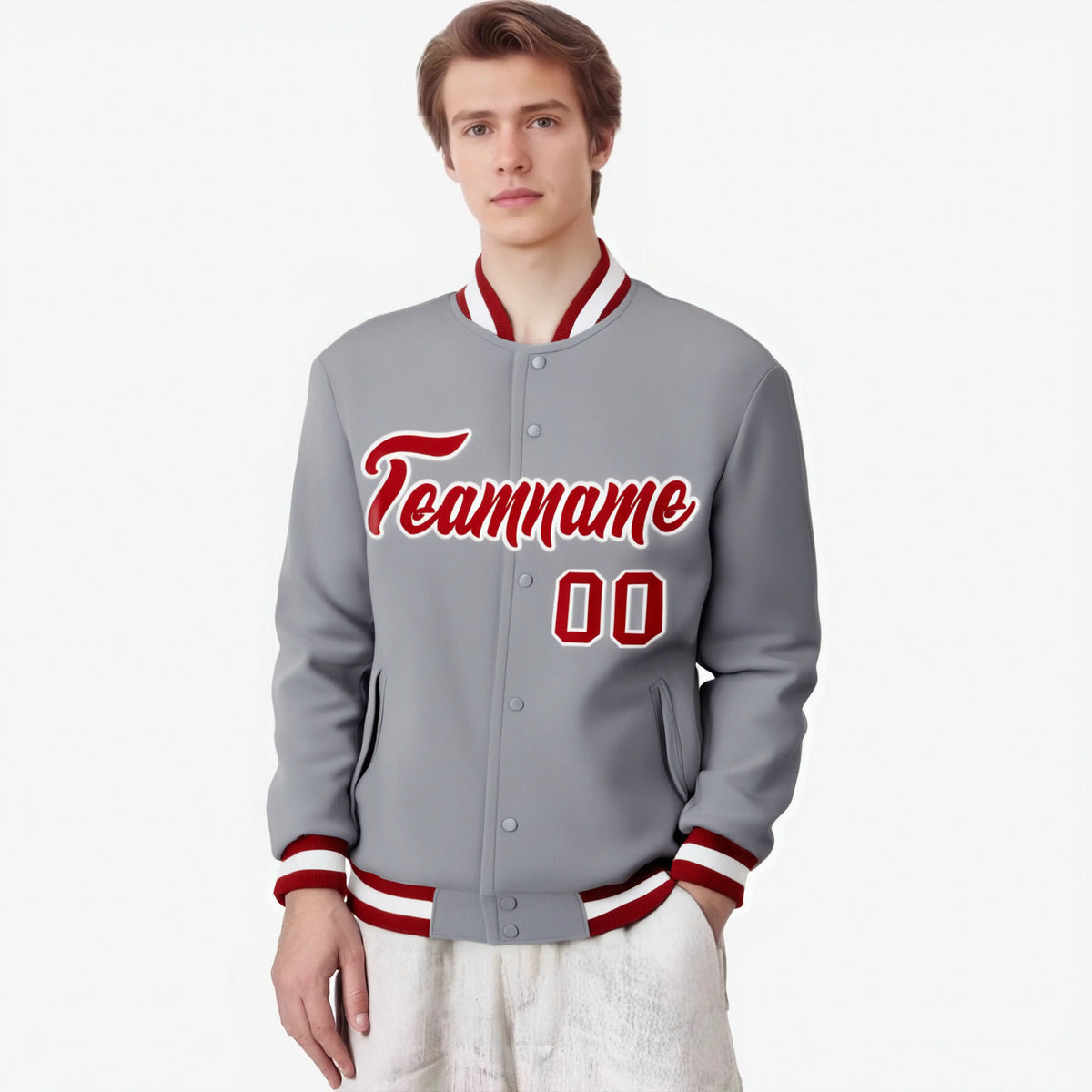 Custom Gray- Red-White Bomber Full-Snap Varsity Letterman Jacket