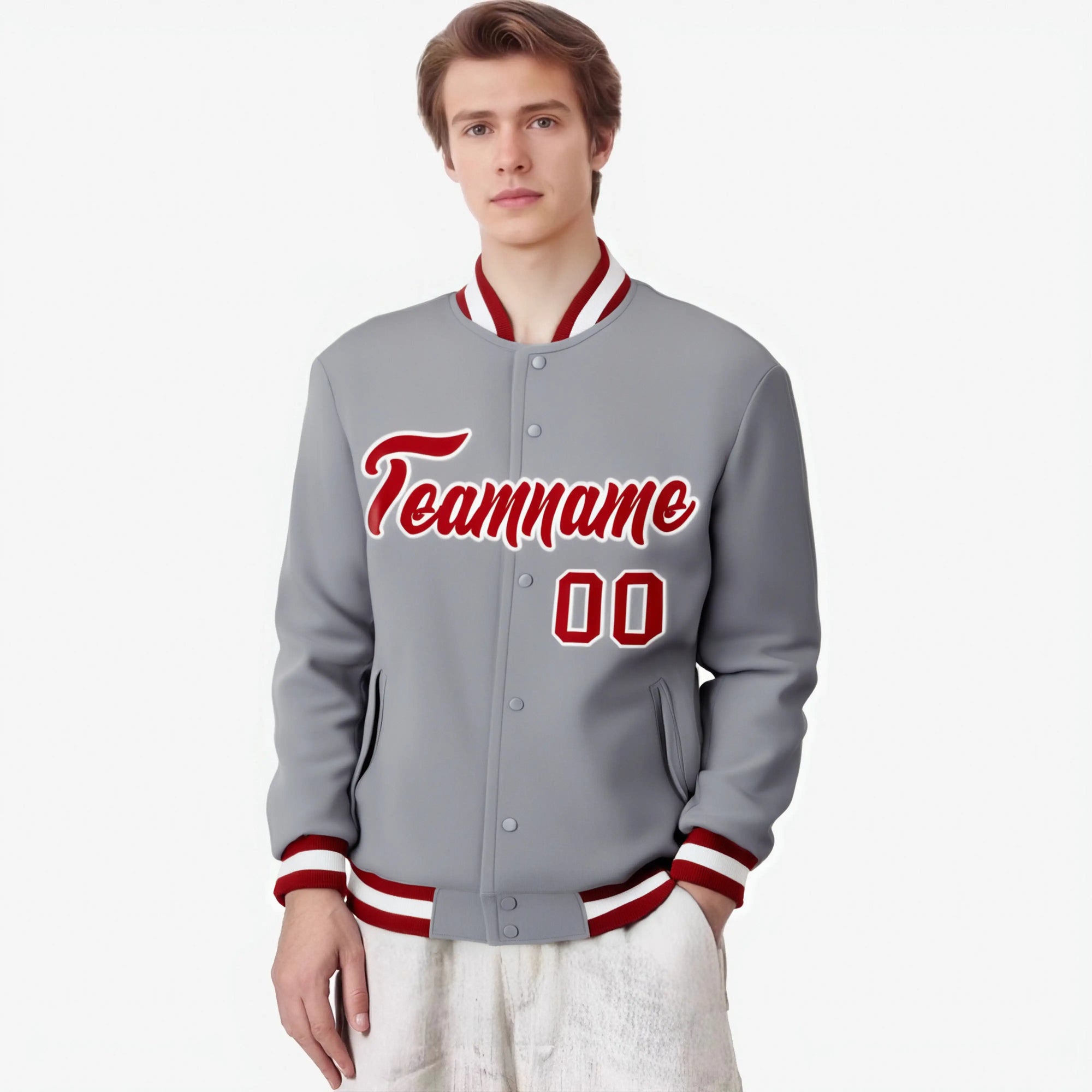 Custom Gray- Red-White Bomber Full-Snap Varsity Letterman Jacket