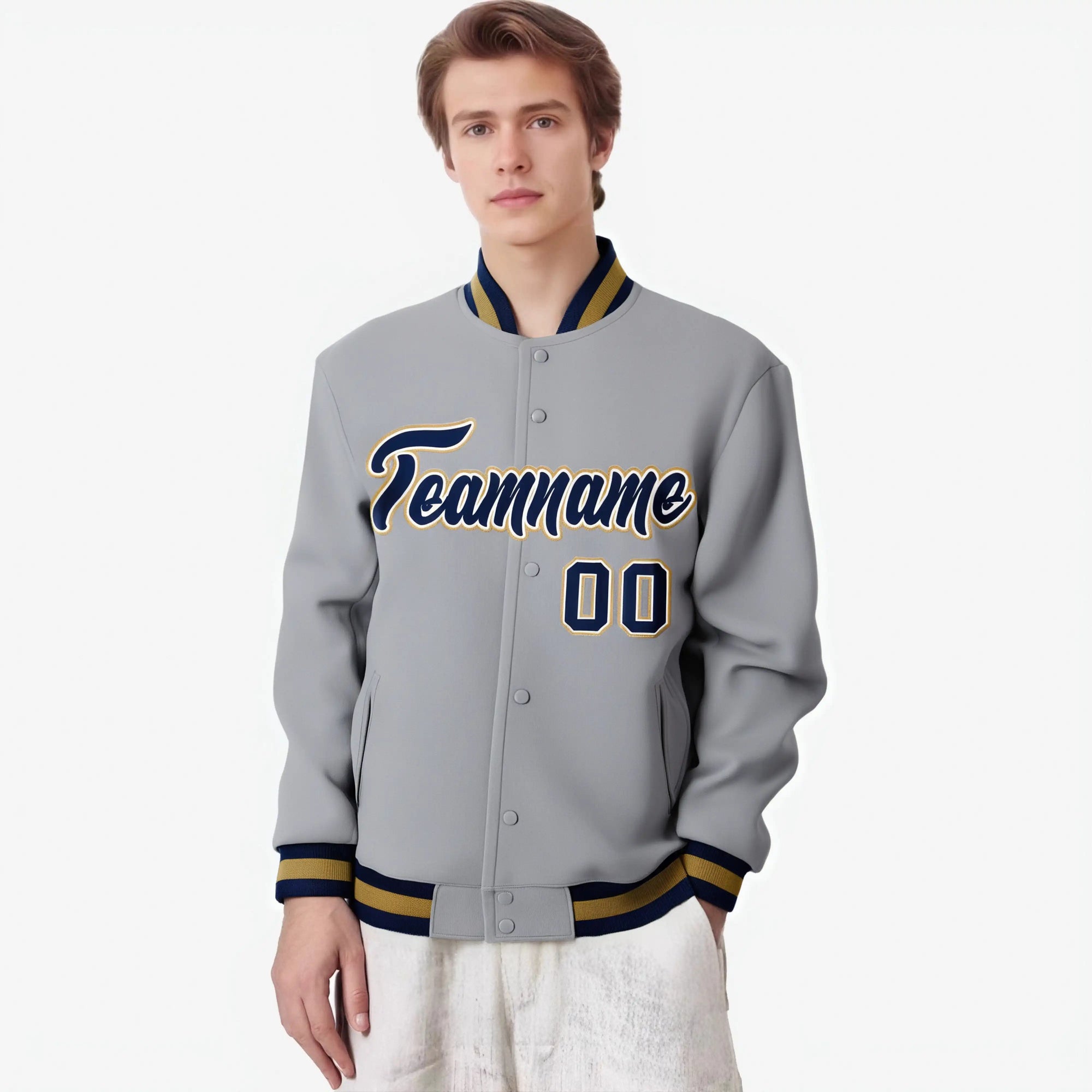 Custom Gray- Navy- Old-Gold Bomber Full-Snap Varsity Letterman Jacket