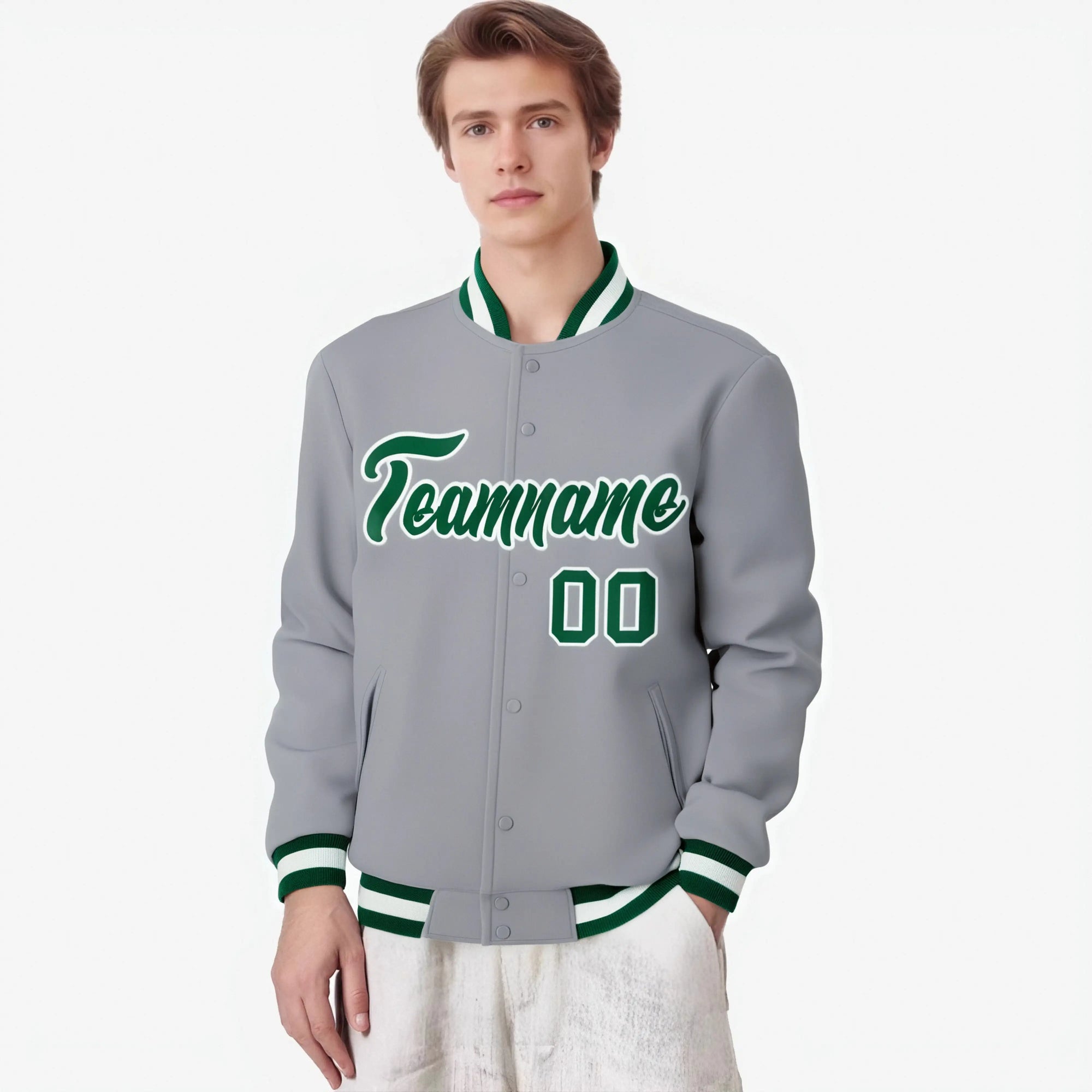 Custom Gray- Neon Green- White Bomber Full-Snap Varsity Letterman Jacket