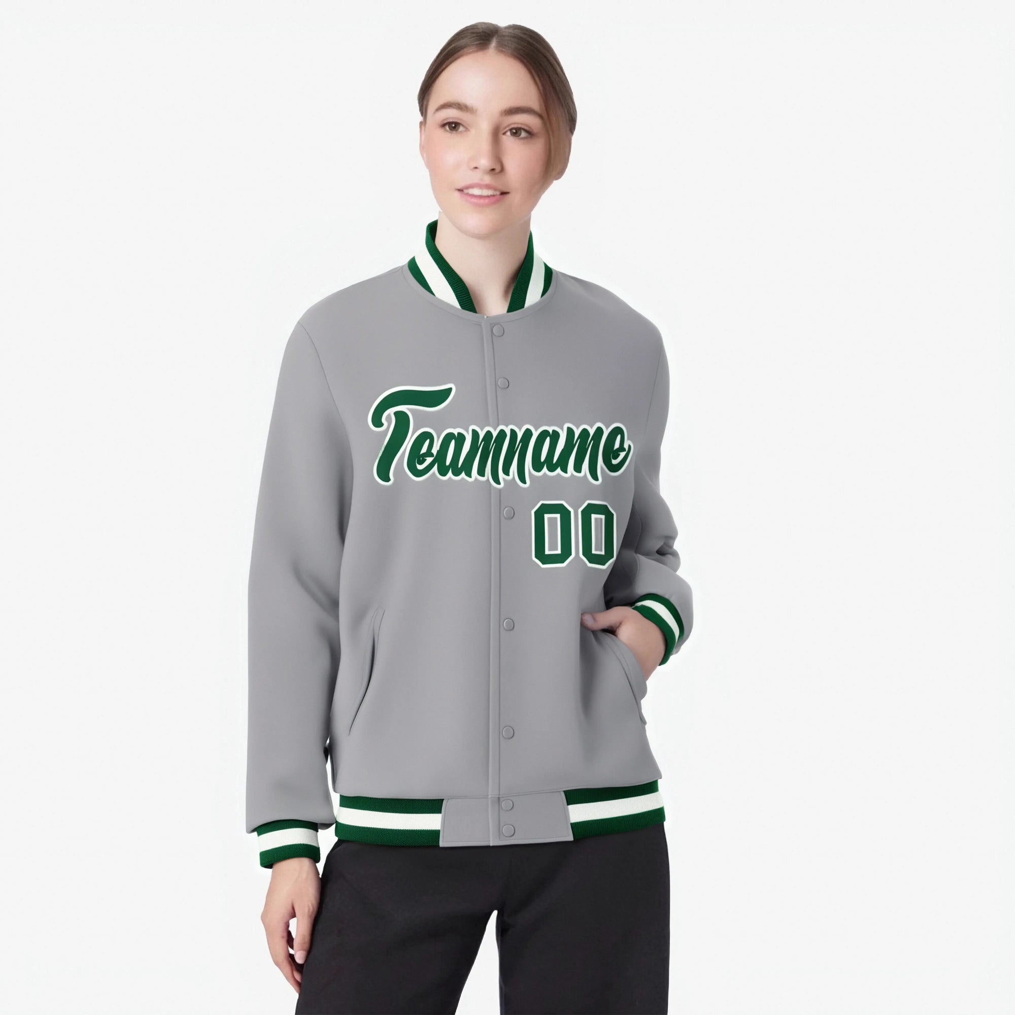 Custom Gray- Neon Green- White Bomber Full-Snap Varsity Letterman Jacket