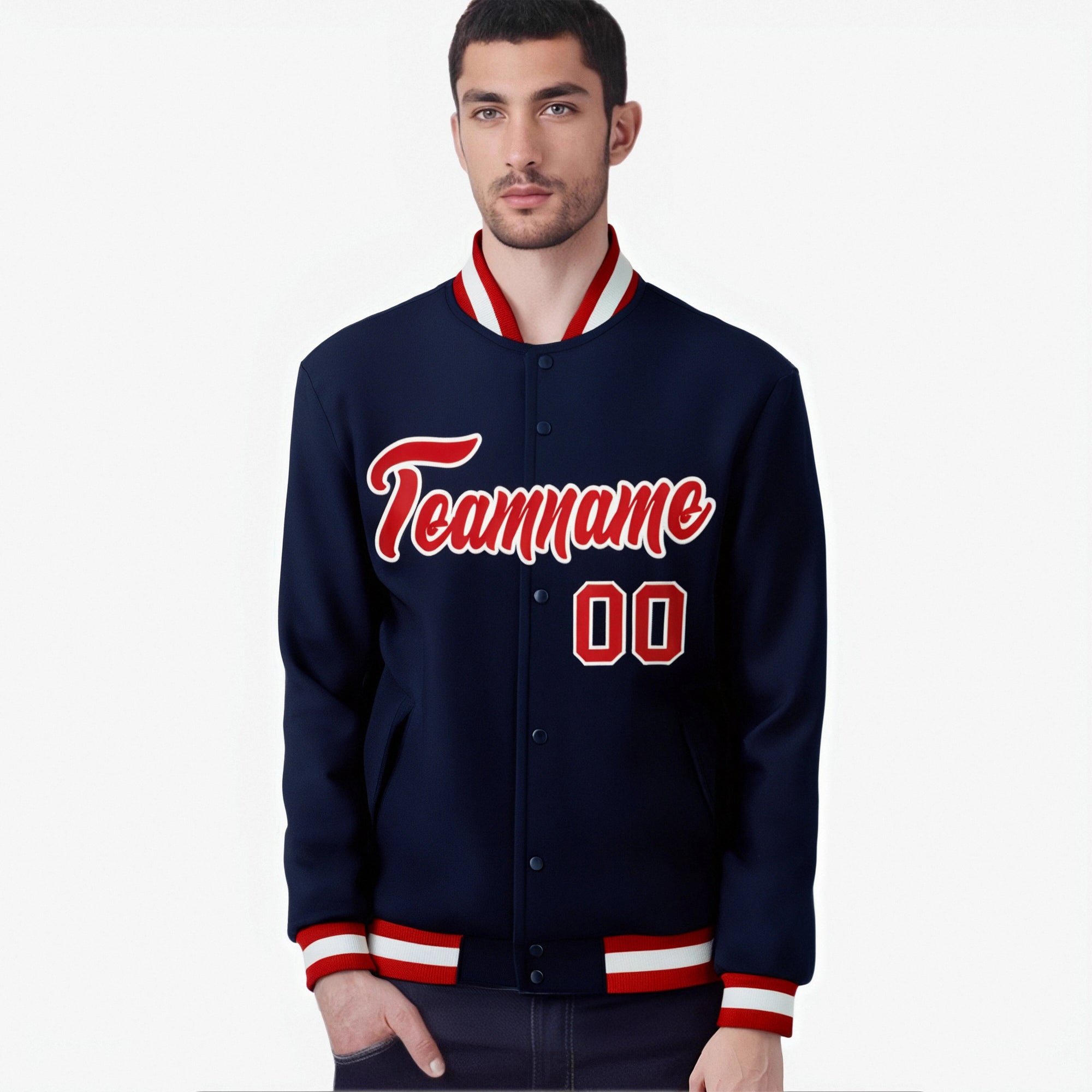 Custom Navy- Red-White Bomber Full-Snap Varsity Letterman Jacket