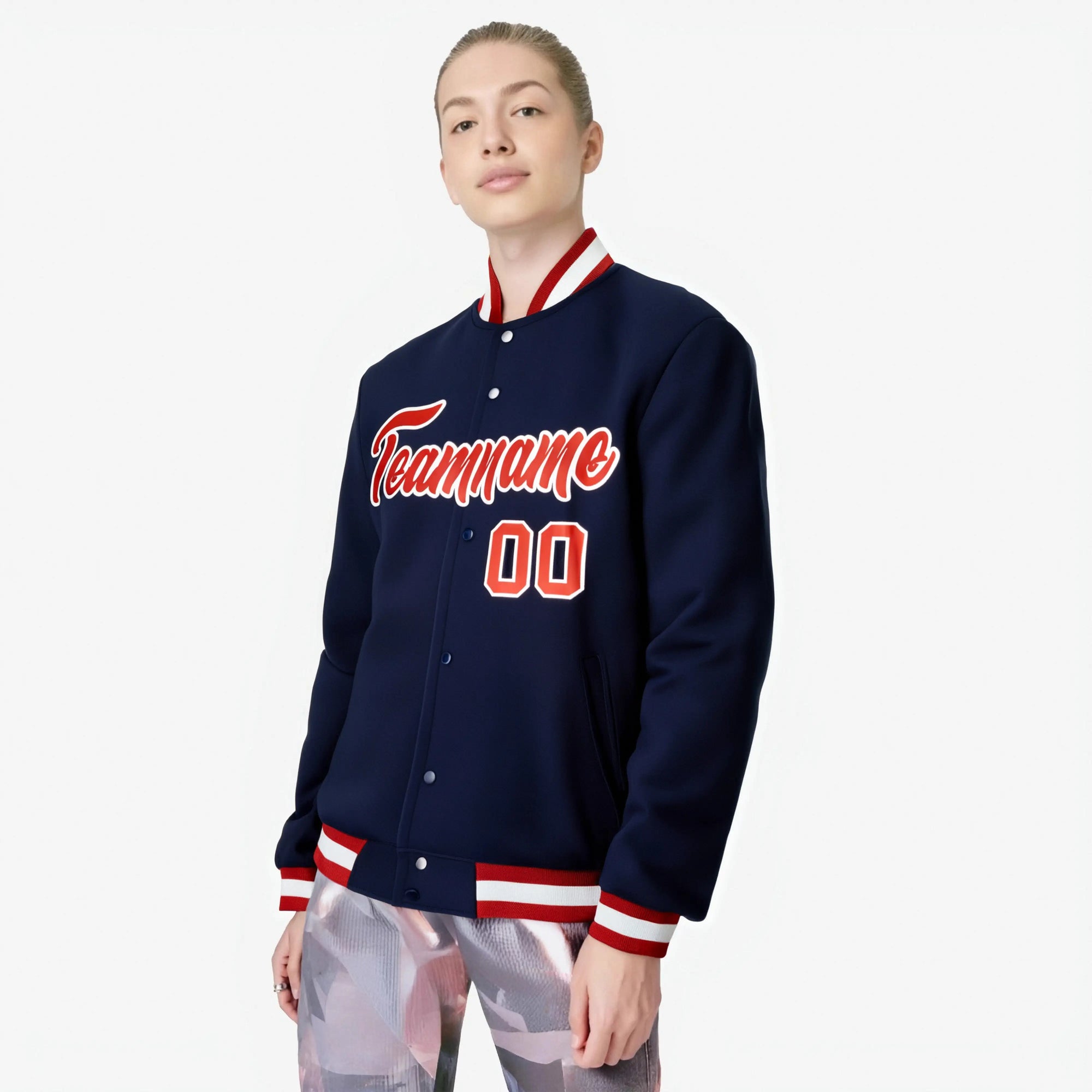 Custom Navy- Red-White Bomber Full-Snap Varsity Letterman Jacket