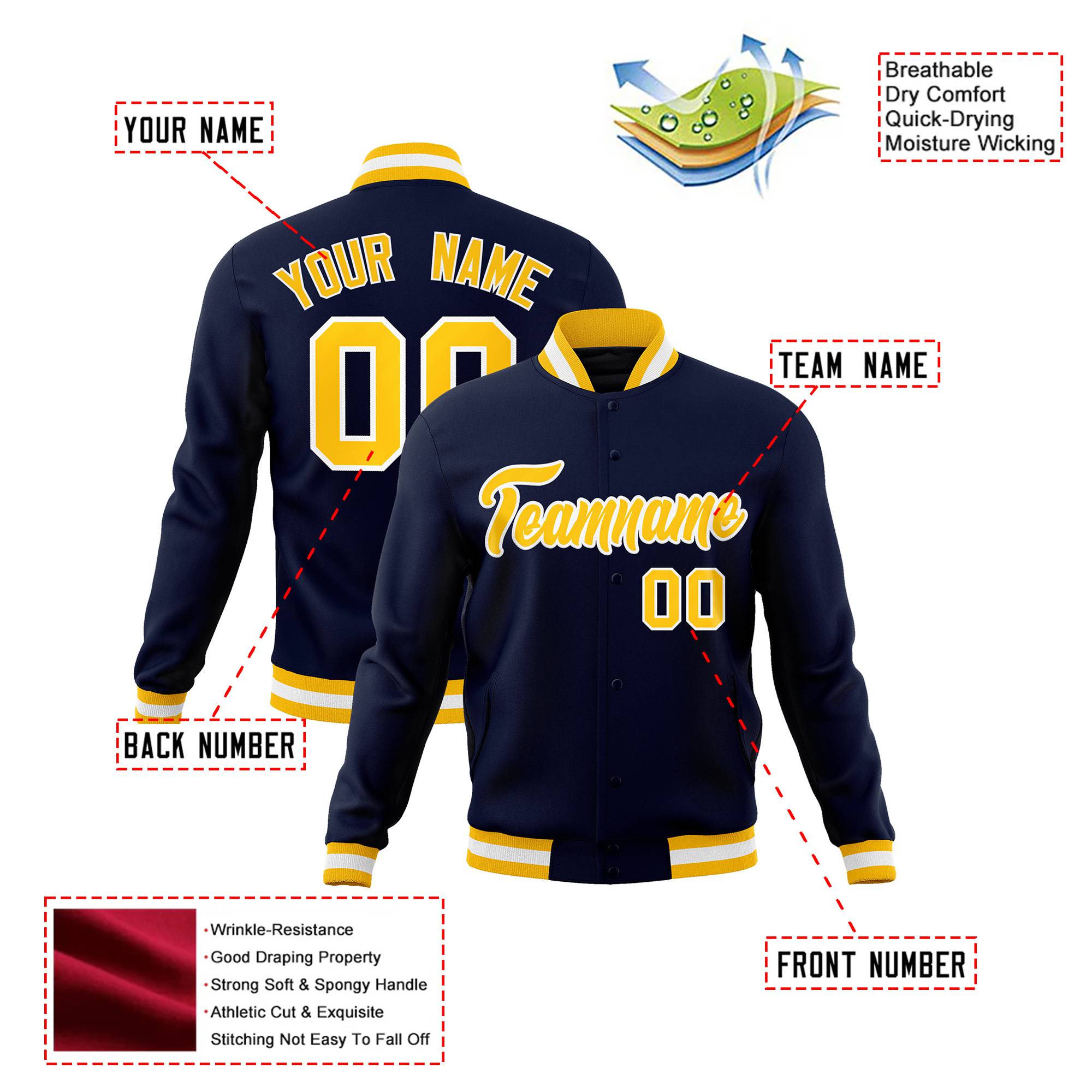 Custom Navy-Yellow-White Bomber Full-Snap Varsity Letterman Jacket