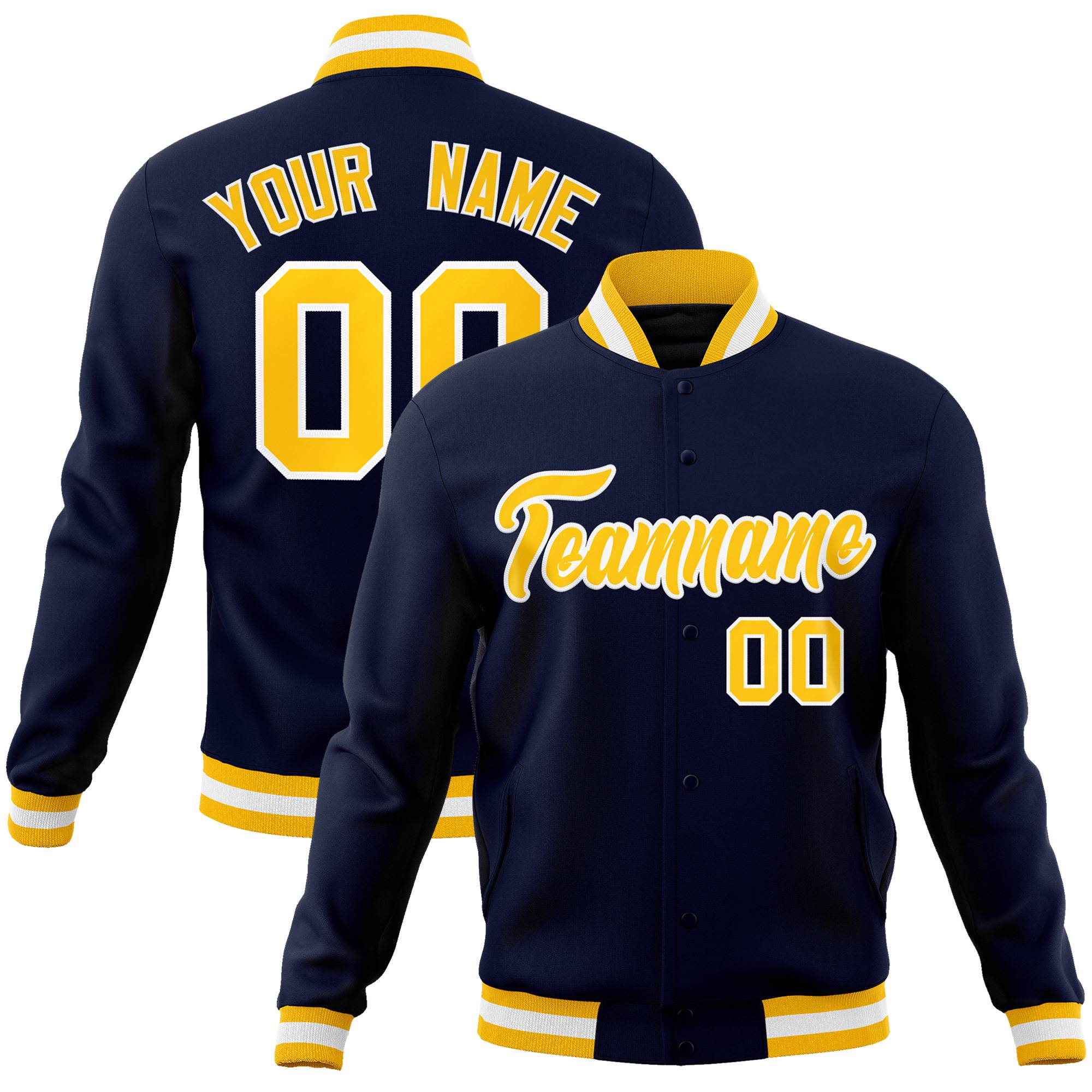 Custom Navy-Yellow-White Bomber Full-Snap Varsity Letterman Jacket