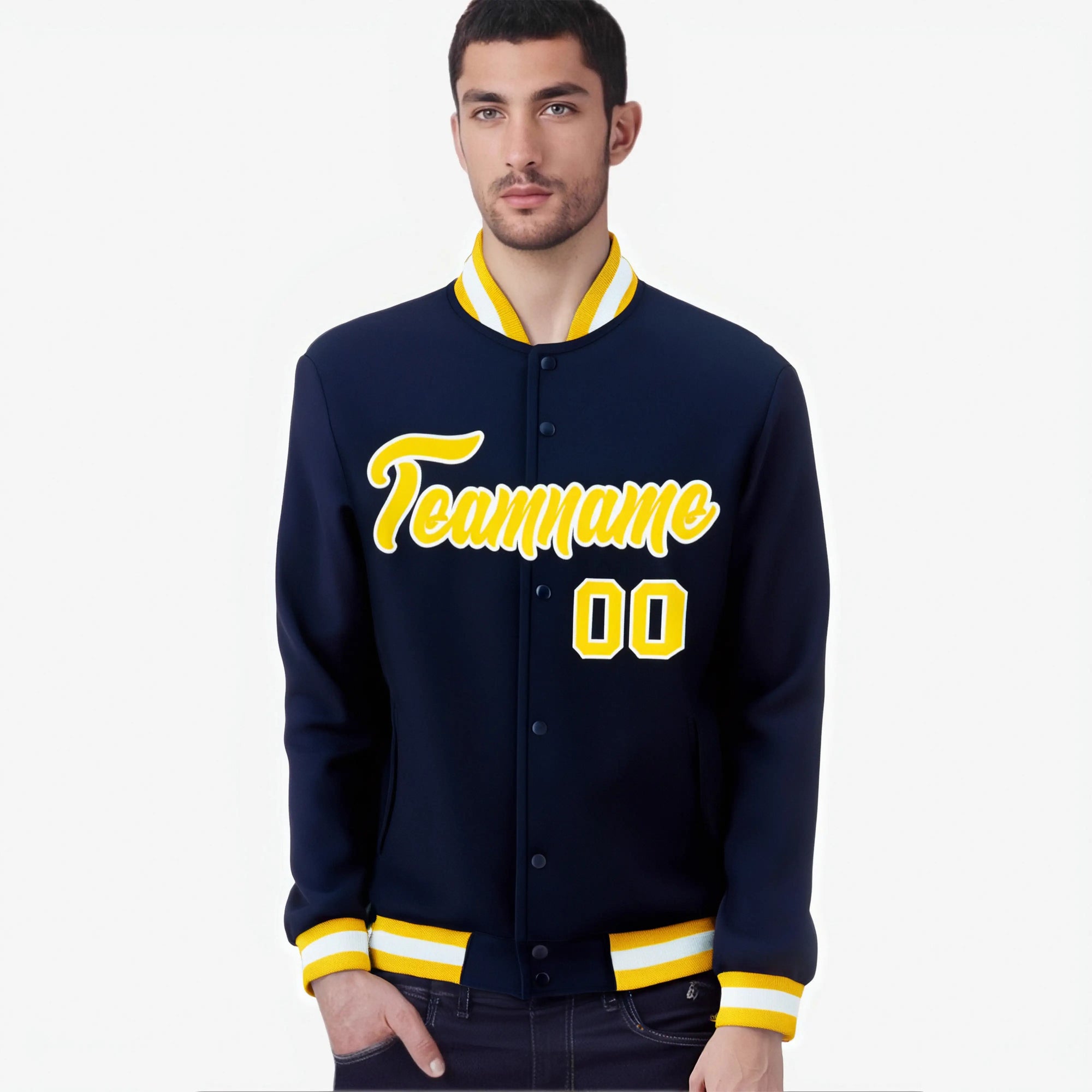 Custom Navy-Yellow-White Bomber Full-Snap Varsity Letterman Jacket