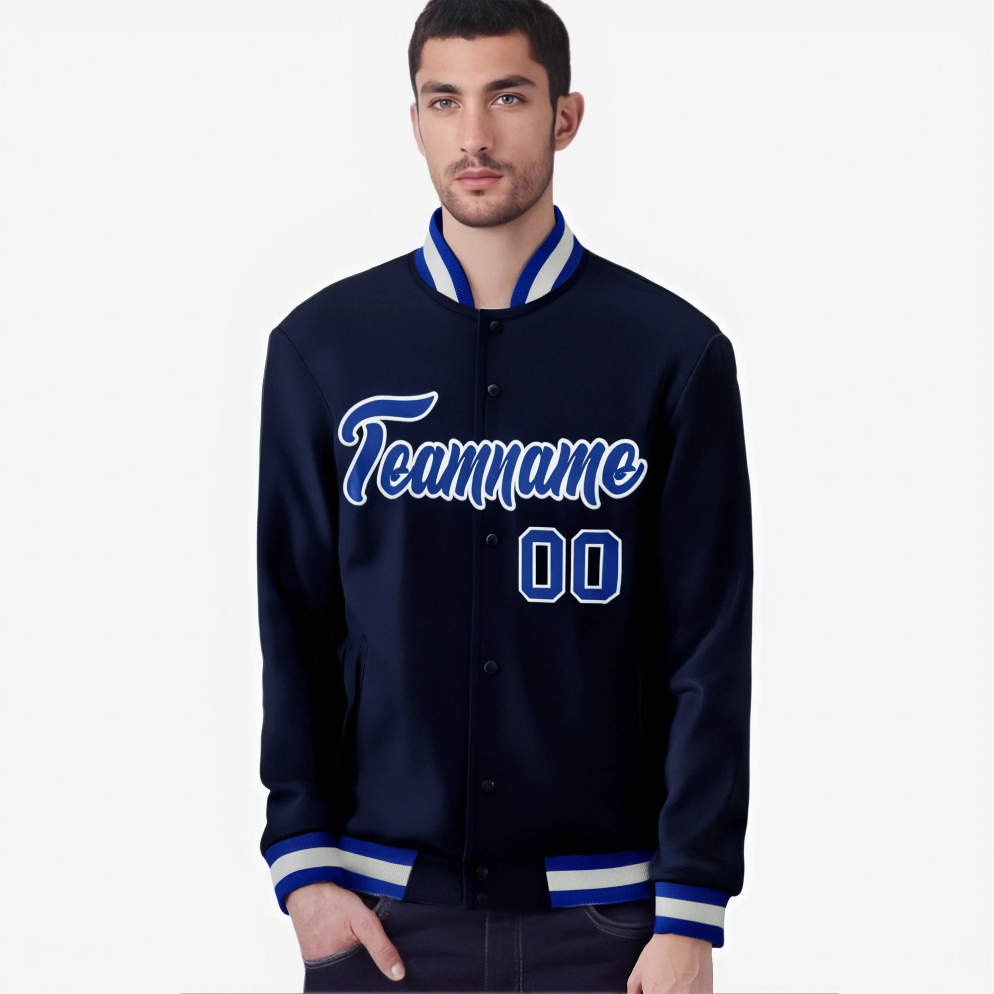 Custom Navy- Royal Blue- White Bomber Full-Snap Varsity Letterman Jacket