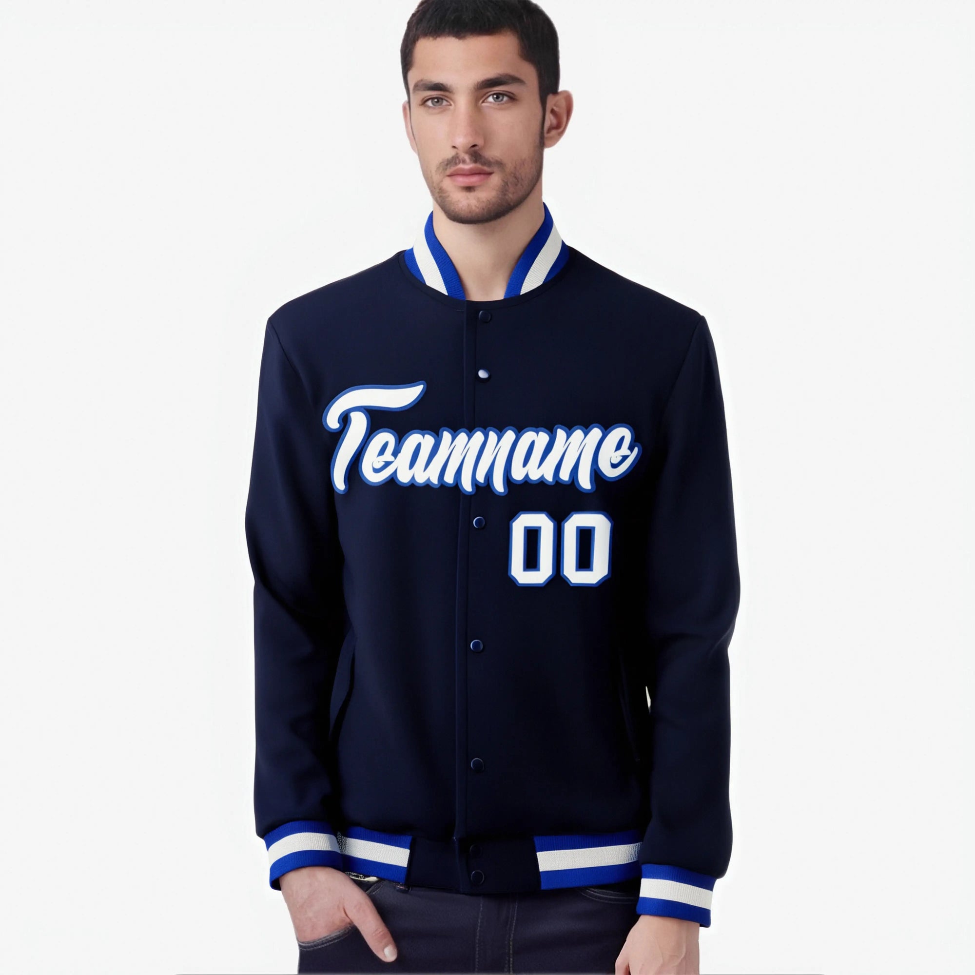 Custom Navy-Royal Blue- White Bomber Full-Snap Varsity Letterman Jacket