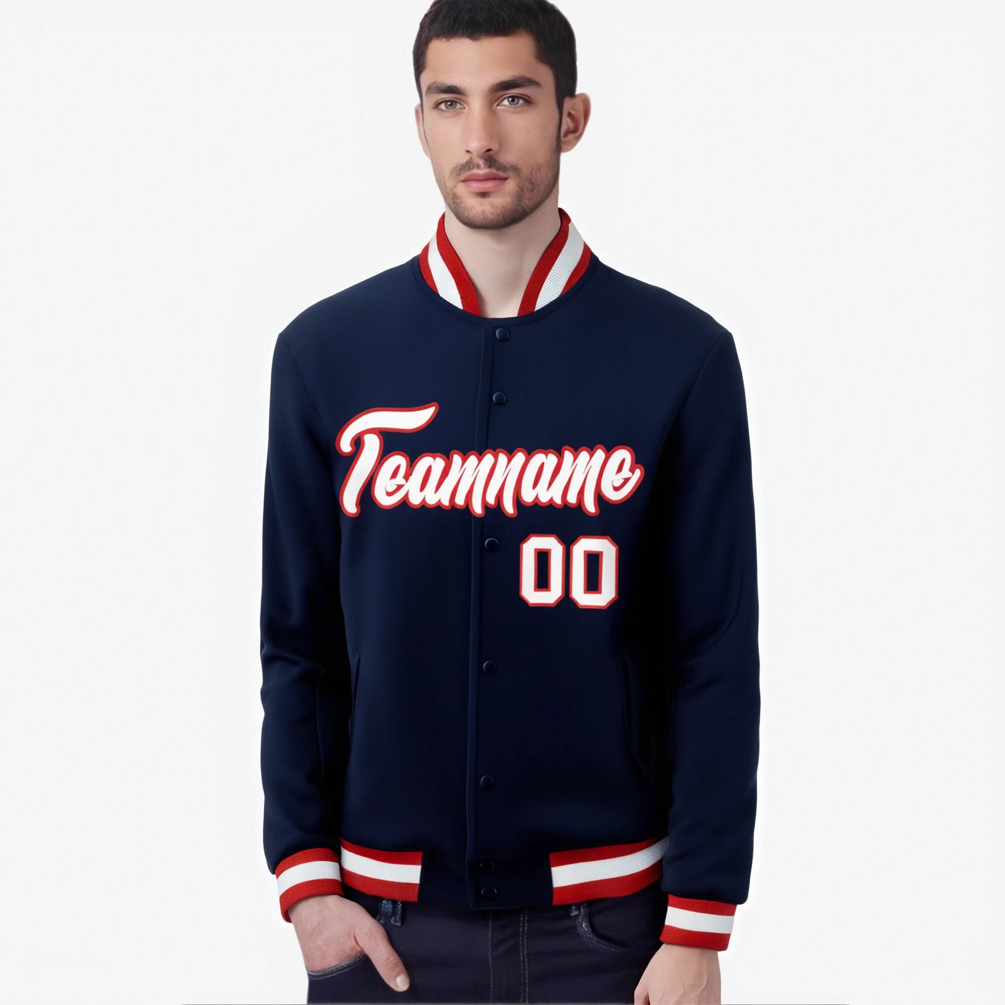 Custom Navy- White- Red Bomber Full-Snap Varsity Letterman Jacket