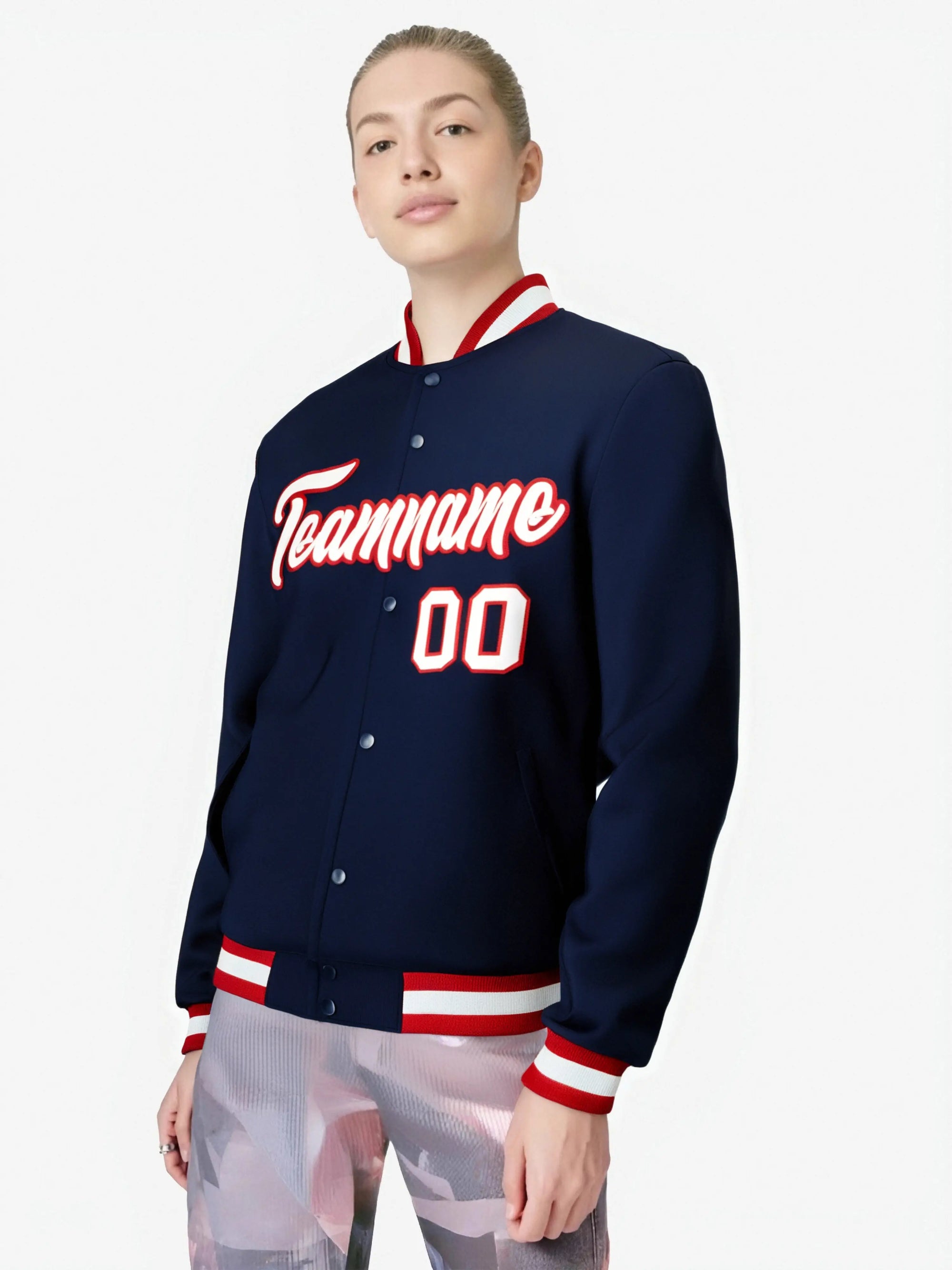 Custom Navy- White- Red Bomber Full-Snap Varsity Letterman Jacket