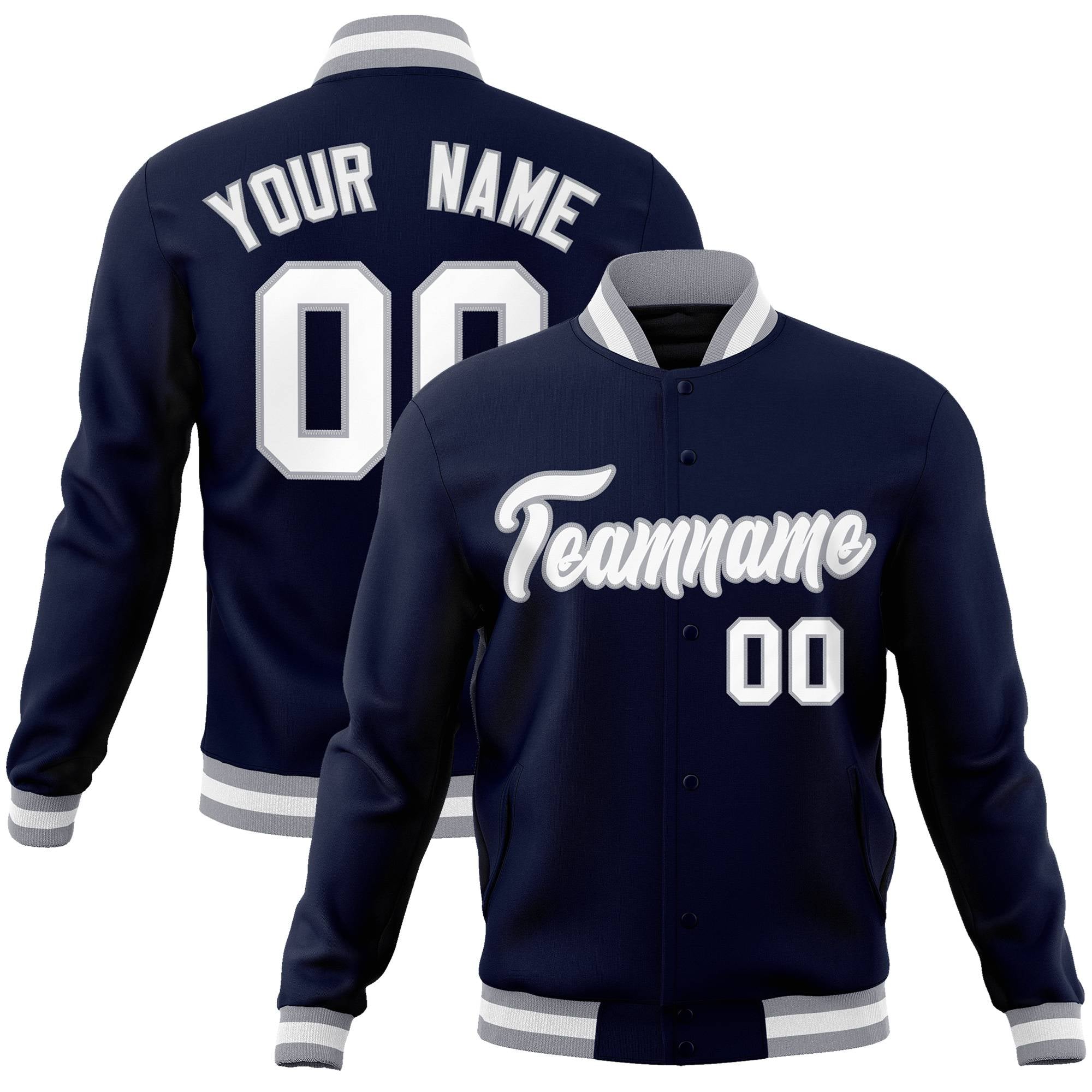 Custom Navy- White- Gray Bomber Full-Snap Varsity Letterman Jacket