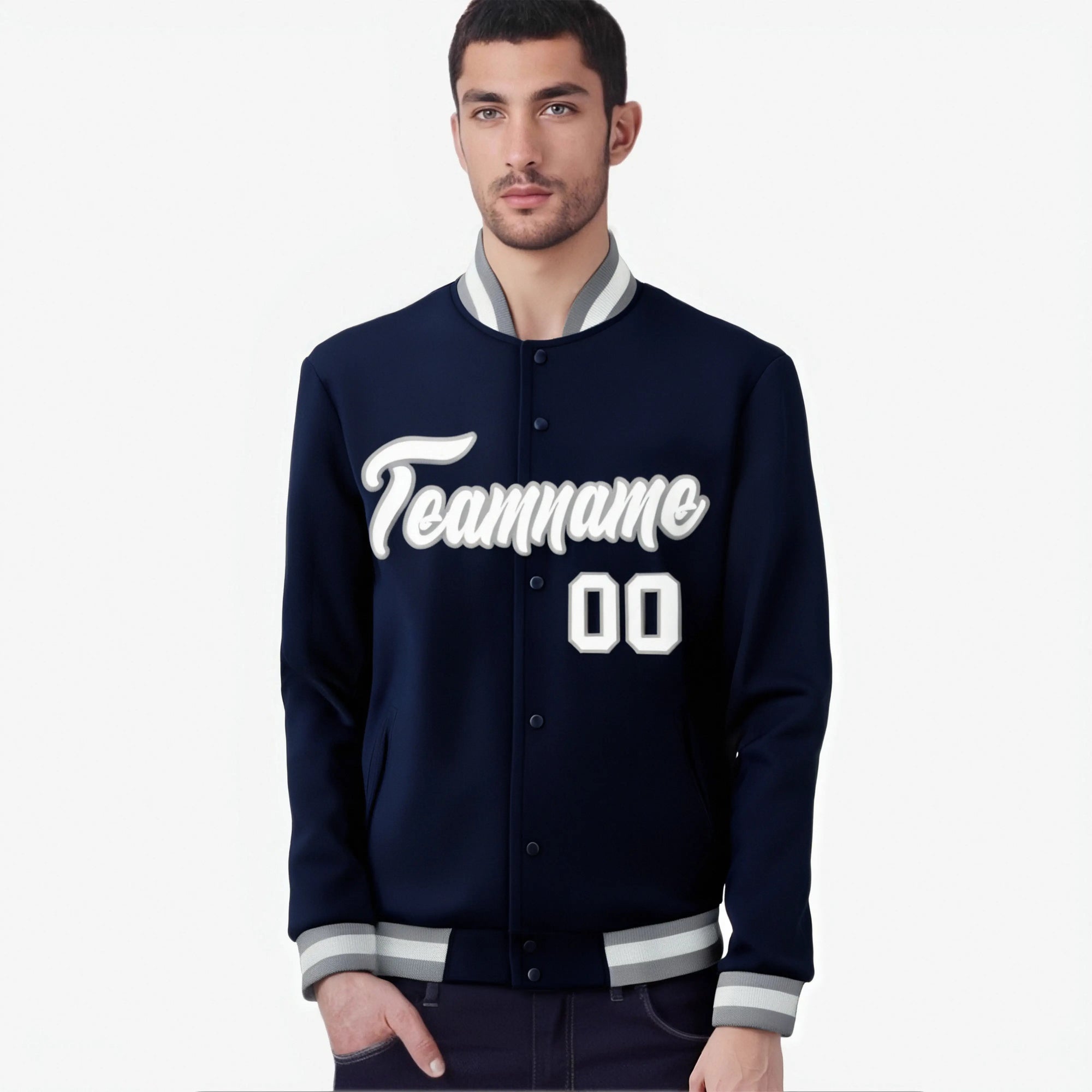 Custom Navy- White- Gray Bomber Full-Snap Varsity Letterman Jacket