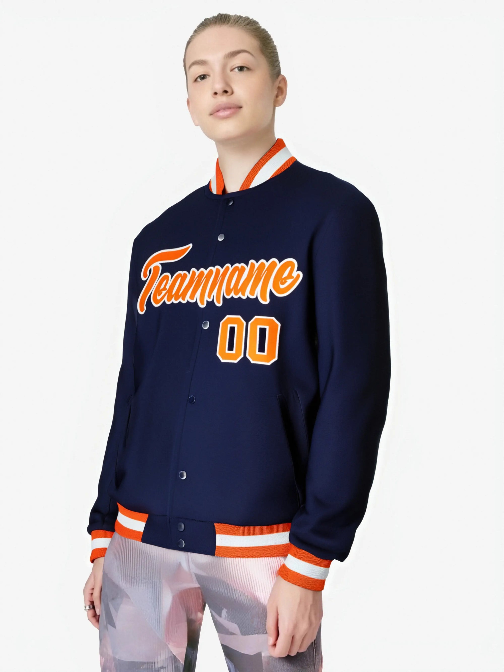 Custom Navy- Orange- White Bomber Full-Snap Varsity Letterman Jacket