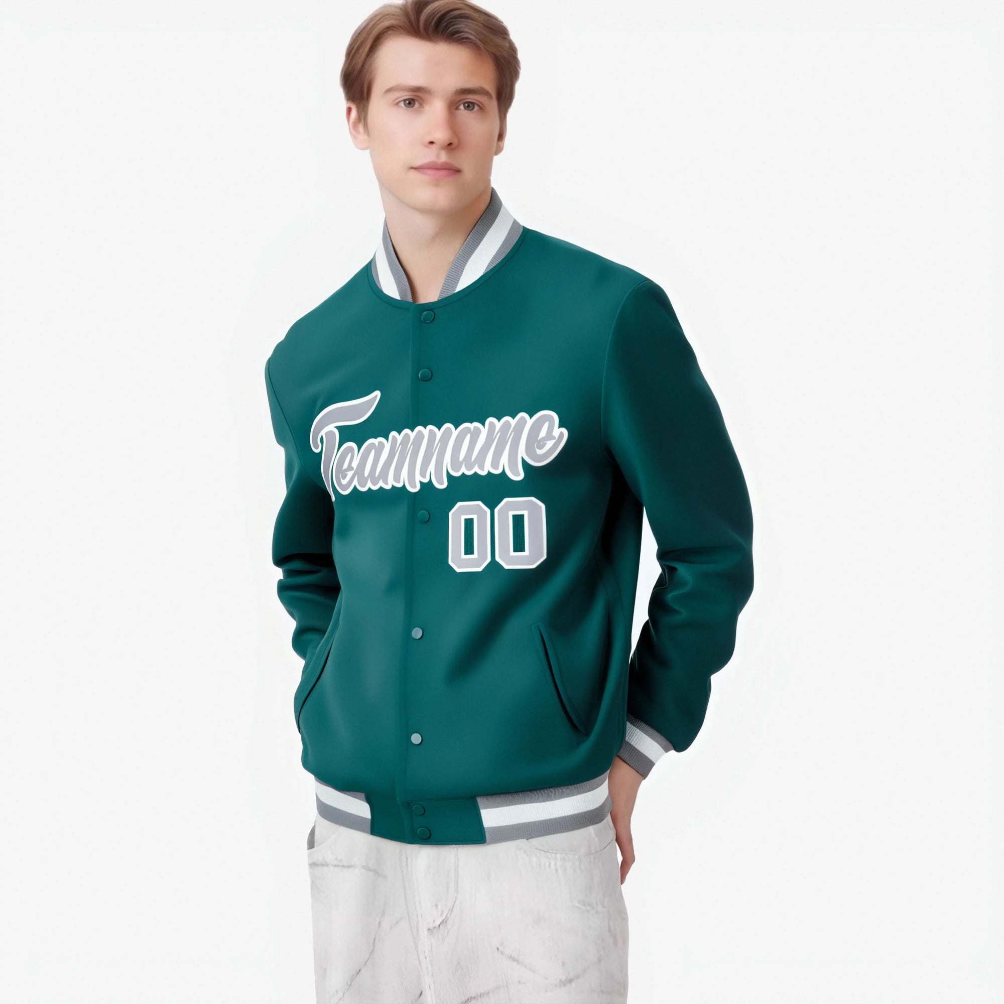 Custom Aqua- Gray- White Bomber Full-Snap Varsity Letterman Jacket