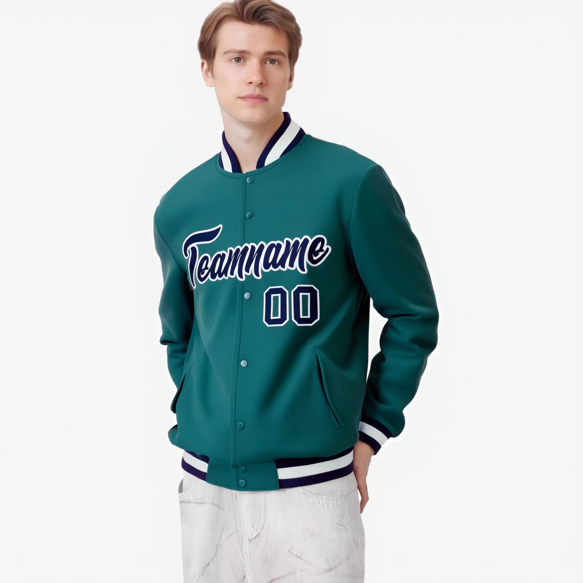 Custom Aqua-Navy- White Bomber Full-Snap Varsity Letterman Jacket