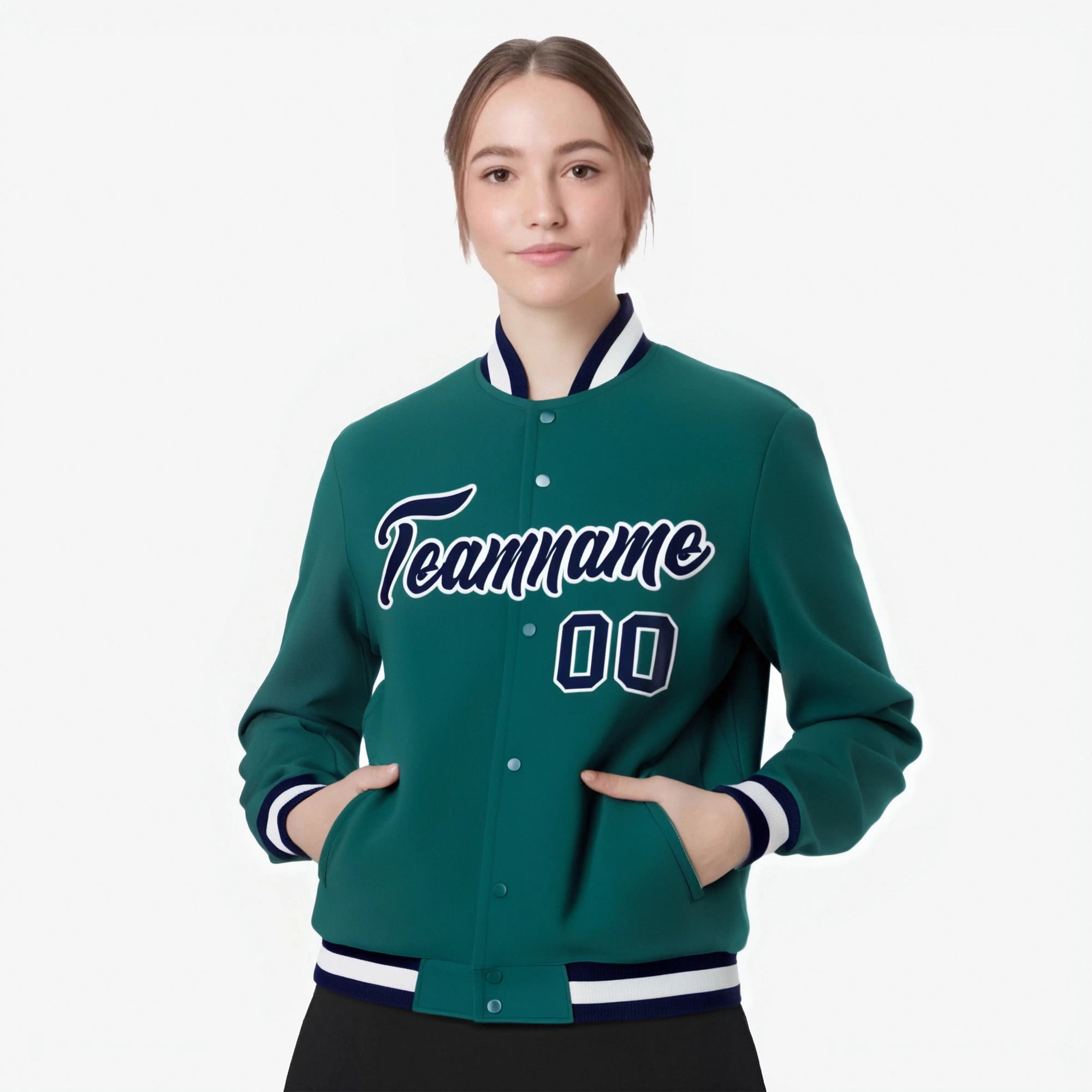 Custom Aqua-Navy- White Bomber Full-Snap Varsity Letterman Jacket