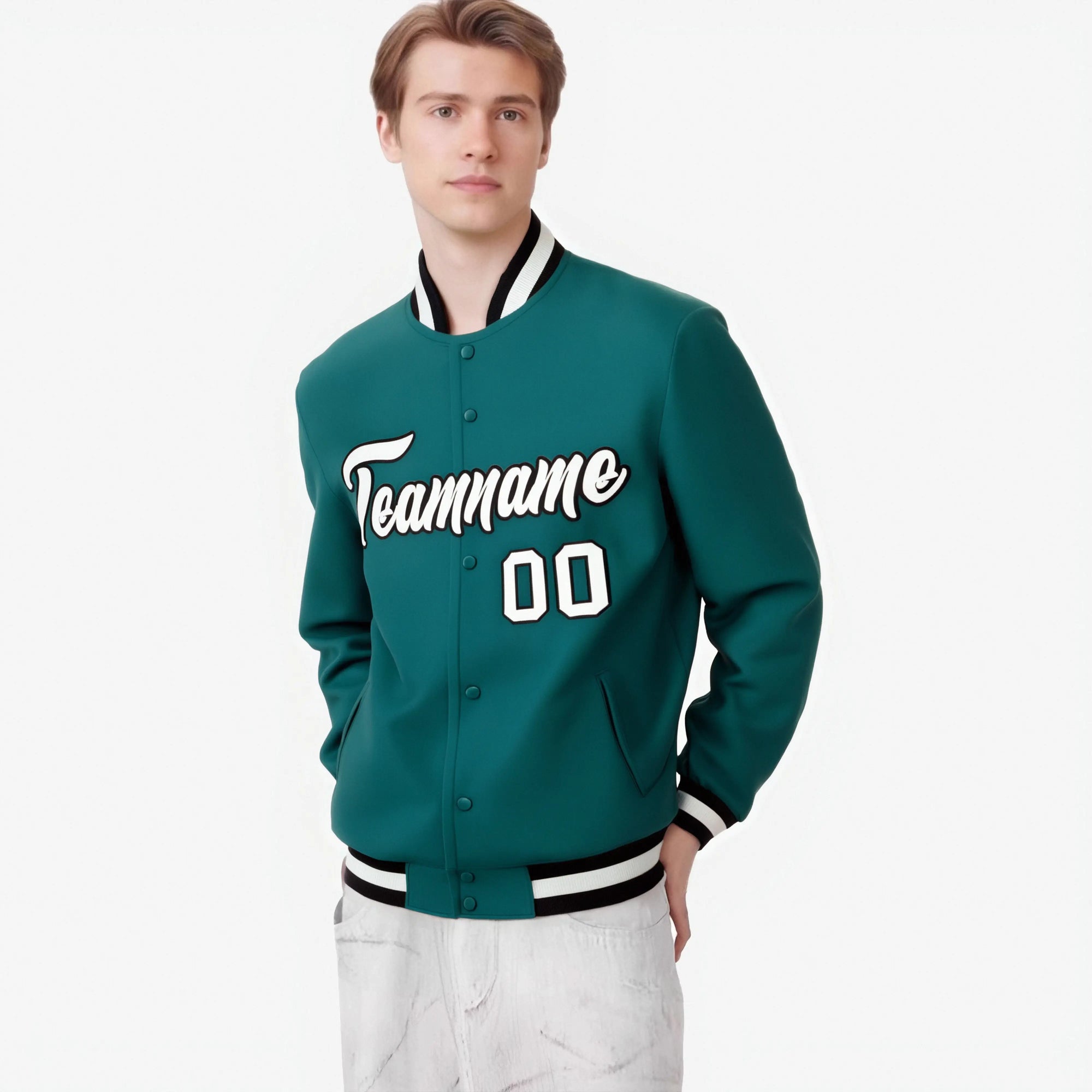 Custom Aqua-White-Black Bomber Full-Snap Varsity Letterman Jacket