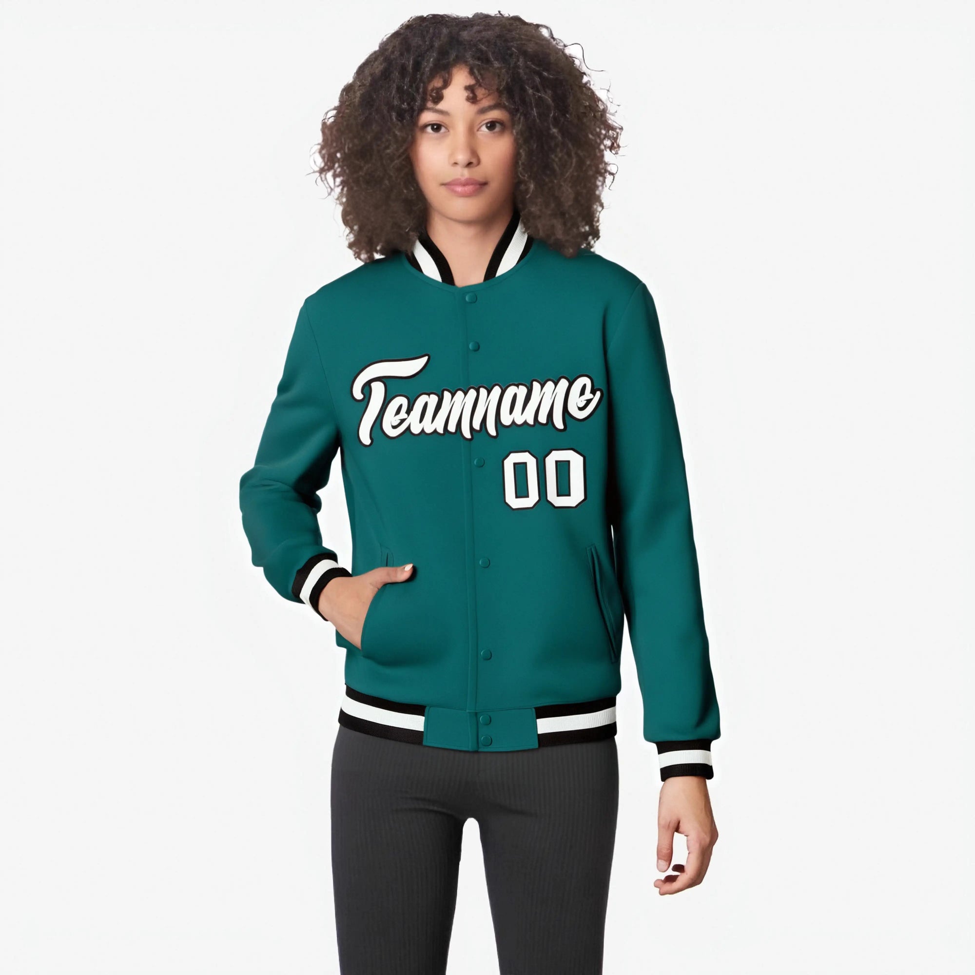 Custom Aqua-White-Black Bomber Full-Snap Varsity Letterman Jacket