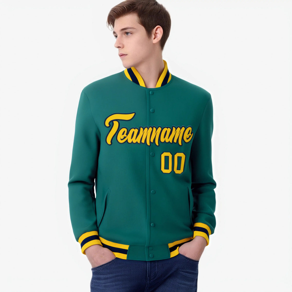 Custom Aqua- Yellow-Black Bomber Full-Snap Varsity Letterman Jacket