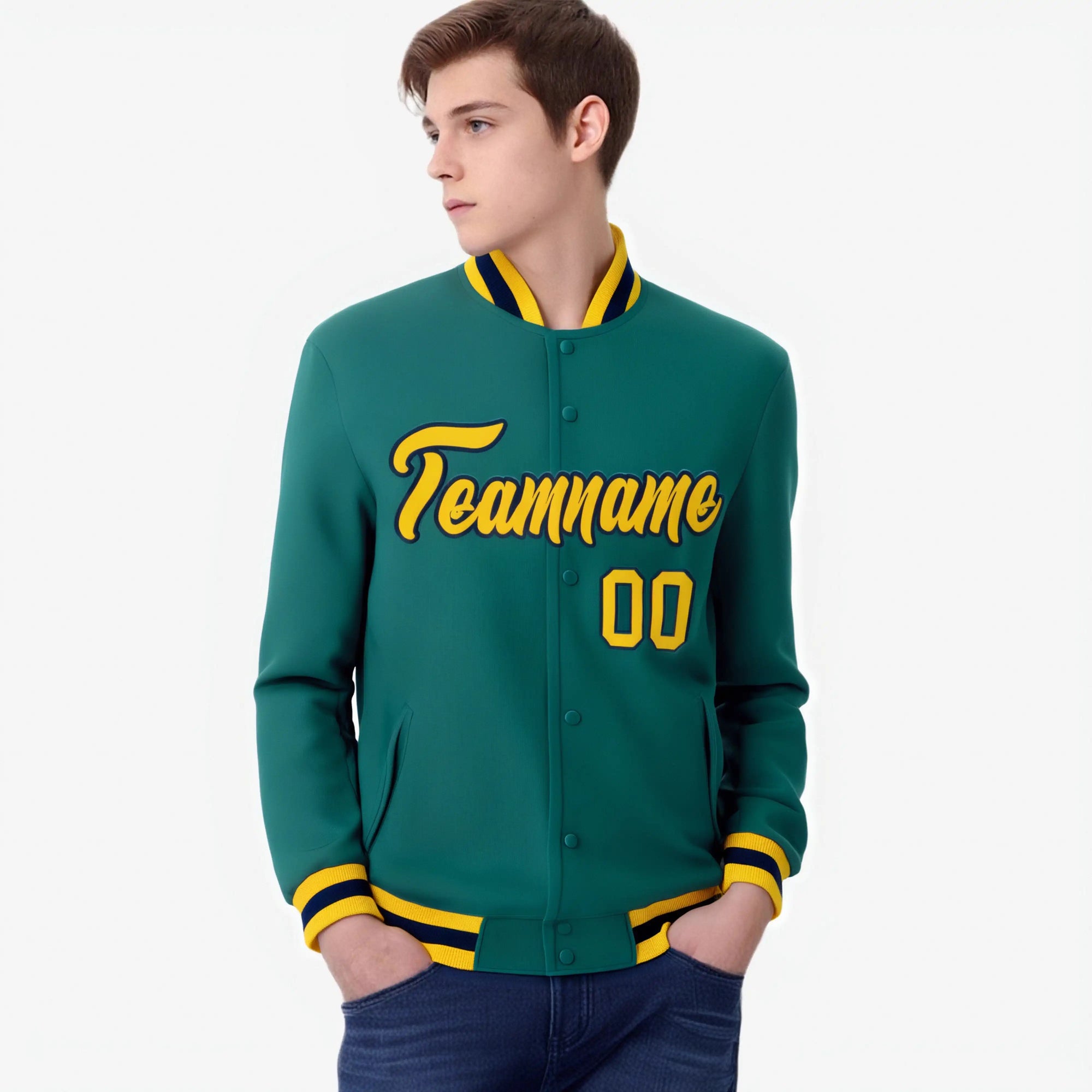 Custom Aqua- Yellow-Black Bomber Full-Snap Varsity Letterman Jacket